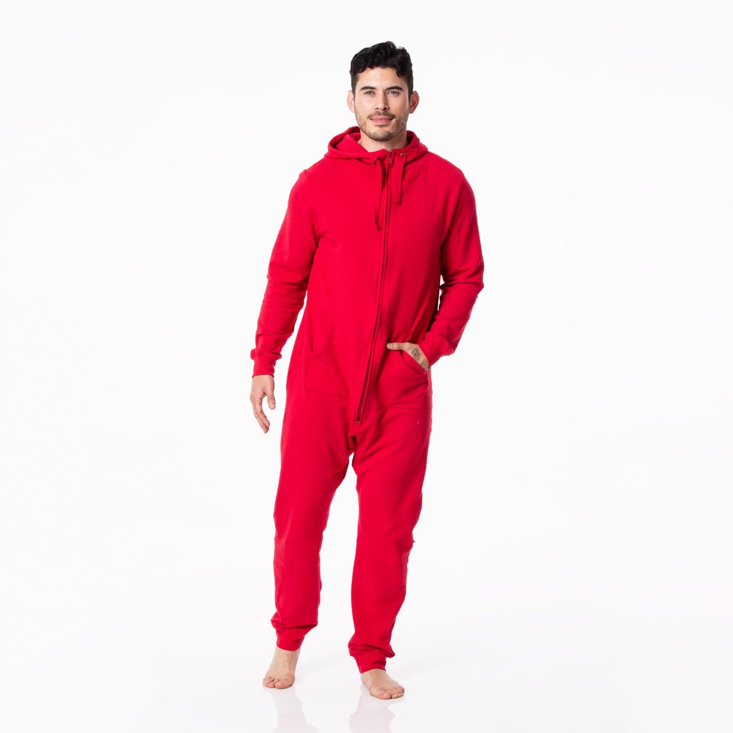 Adult Fleece Jumpsuit with Hood in Crimson