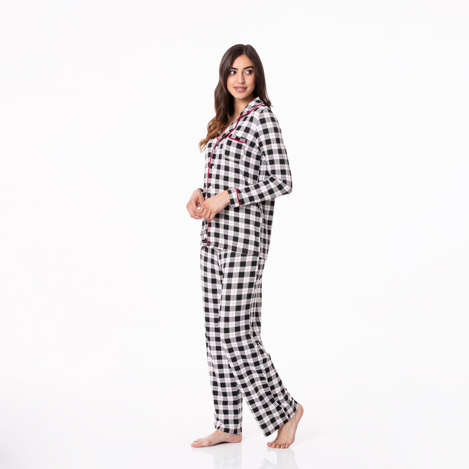 Women's Print Woven Long Sleeve Collared Pajama Set in Midnight Holiday Plaid