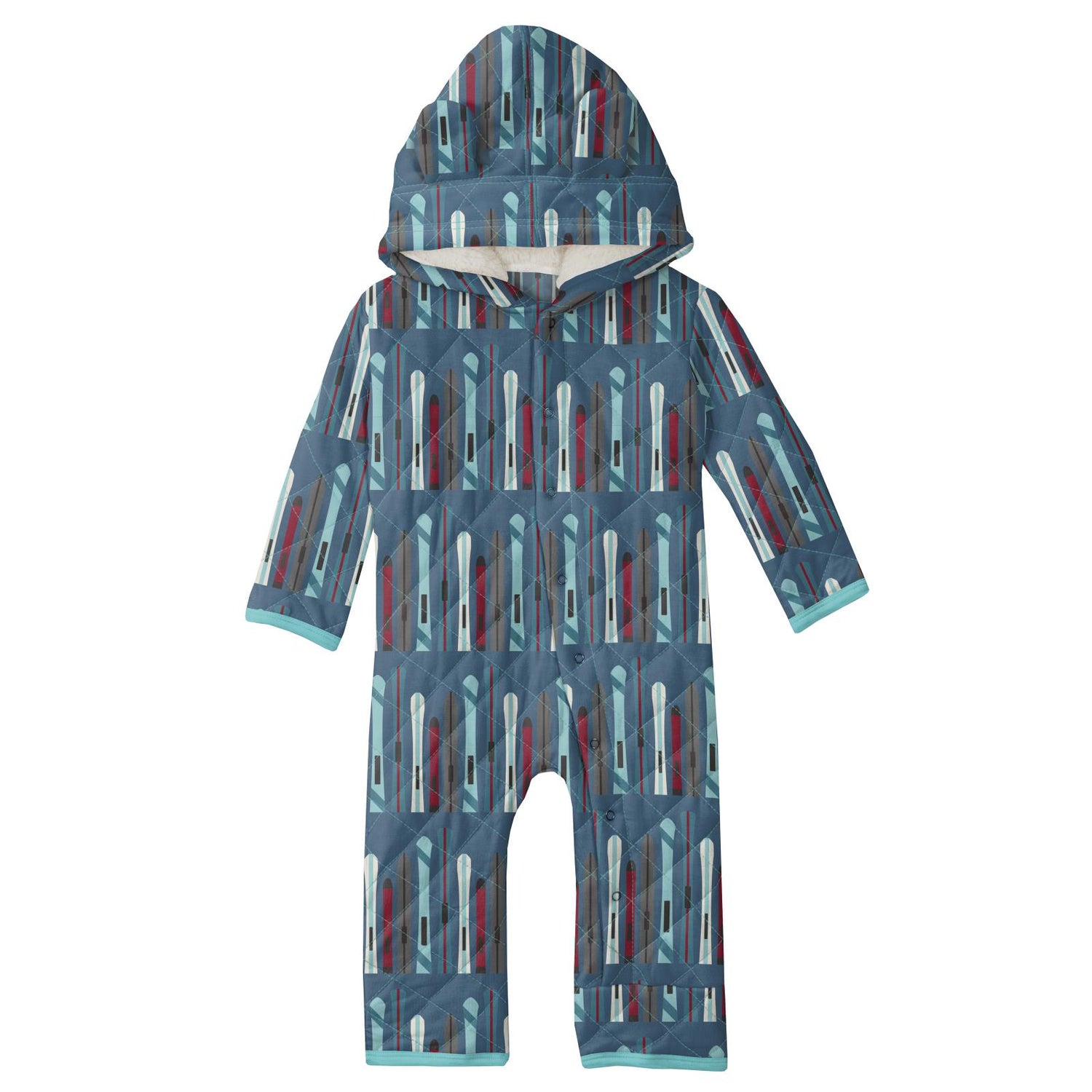 Print Quilted Hoodie Coverall with Sherpa-Lined Hood in Twilight Skis/Midnight Tiny Snowflakes