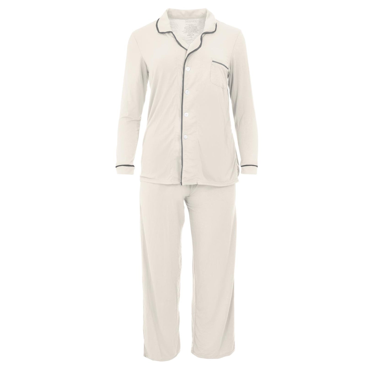 Women's Solid Long Sleeved Collared Pajama Set in Natural with Pewter