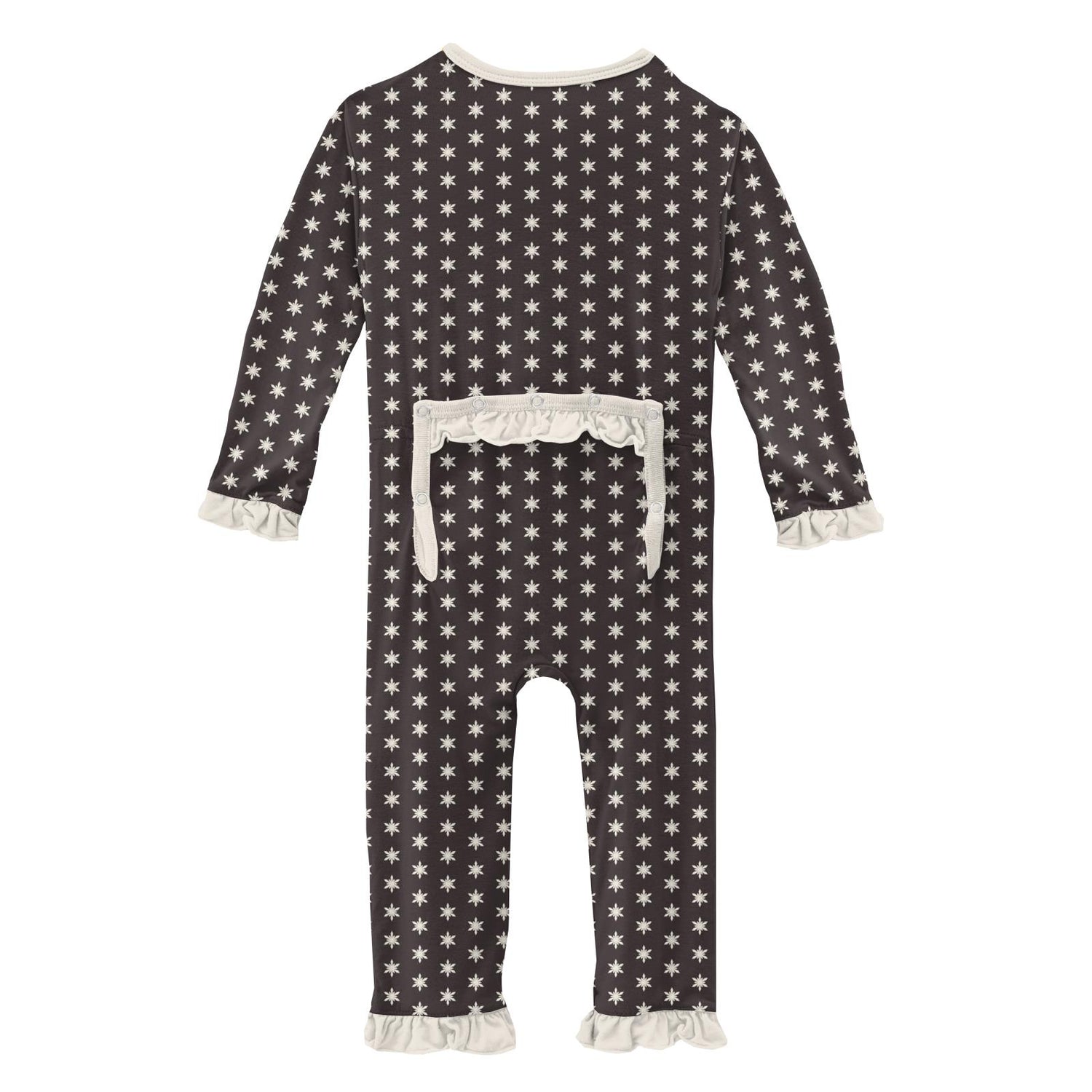 Print Classic Ruffle Coverall with Zipper in Midnight Tiny Snowflakes