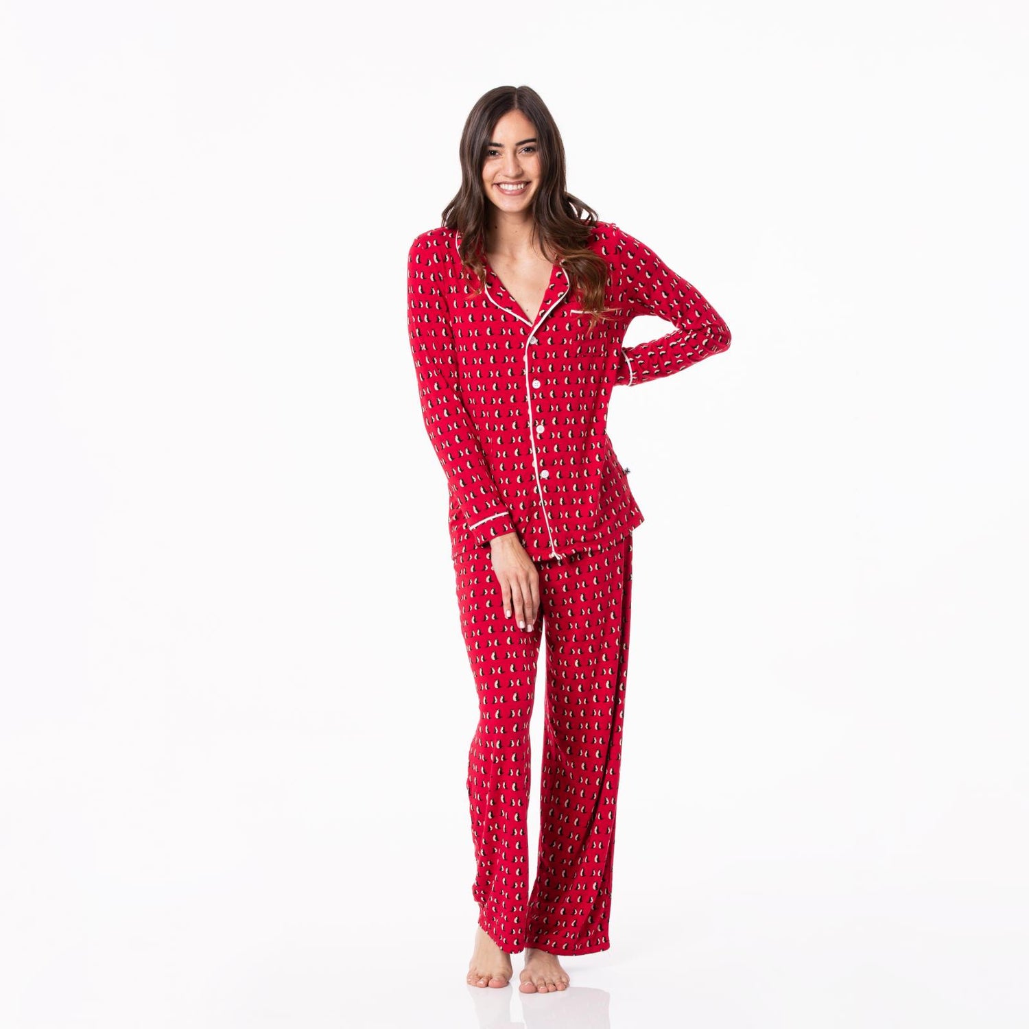Women's Print Woven Long Sleeve Collared Pajama Set in Crimson Penguins