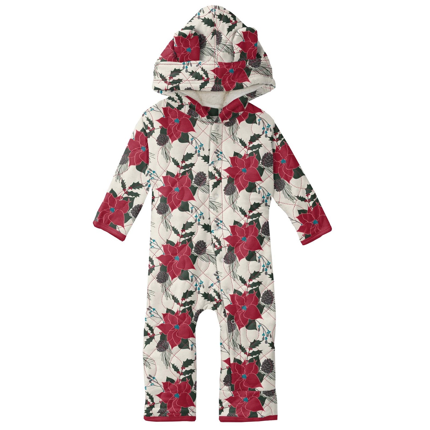 Print Quilted Hoodie Coverall with Sherpa-Lined Hood in Christmas Floral/Strawberry Candy Cane Stripe