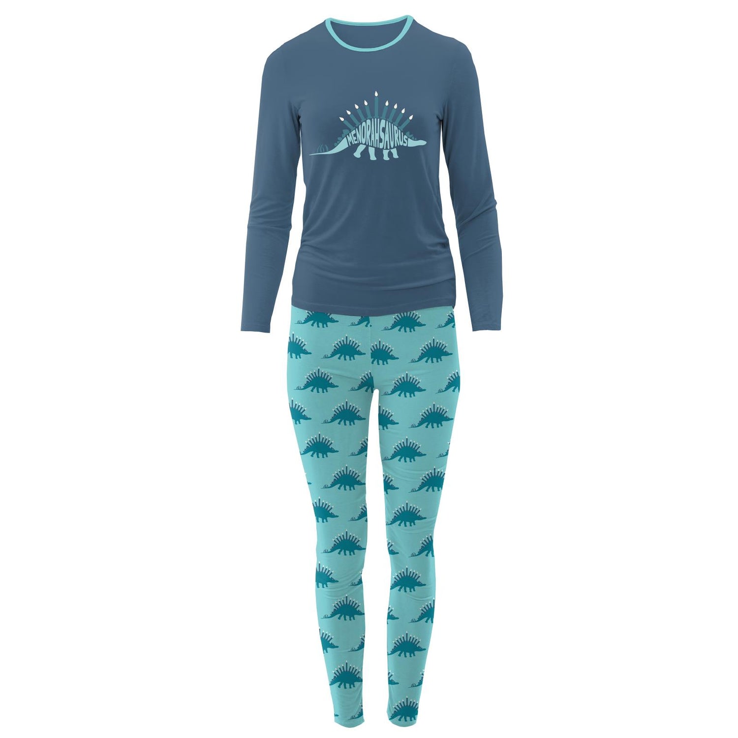 Women's Long Sleeve Fitted Graphic Tee Pajama Set in Iceberg Menorahsaurus
