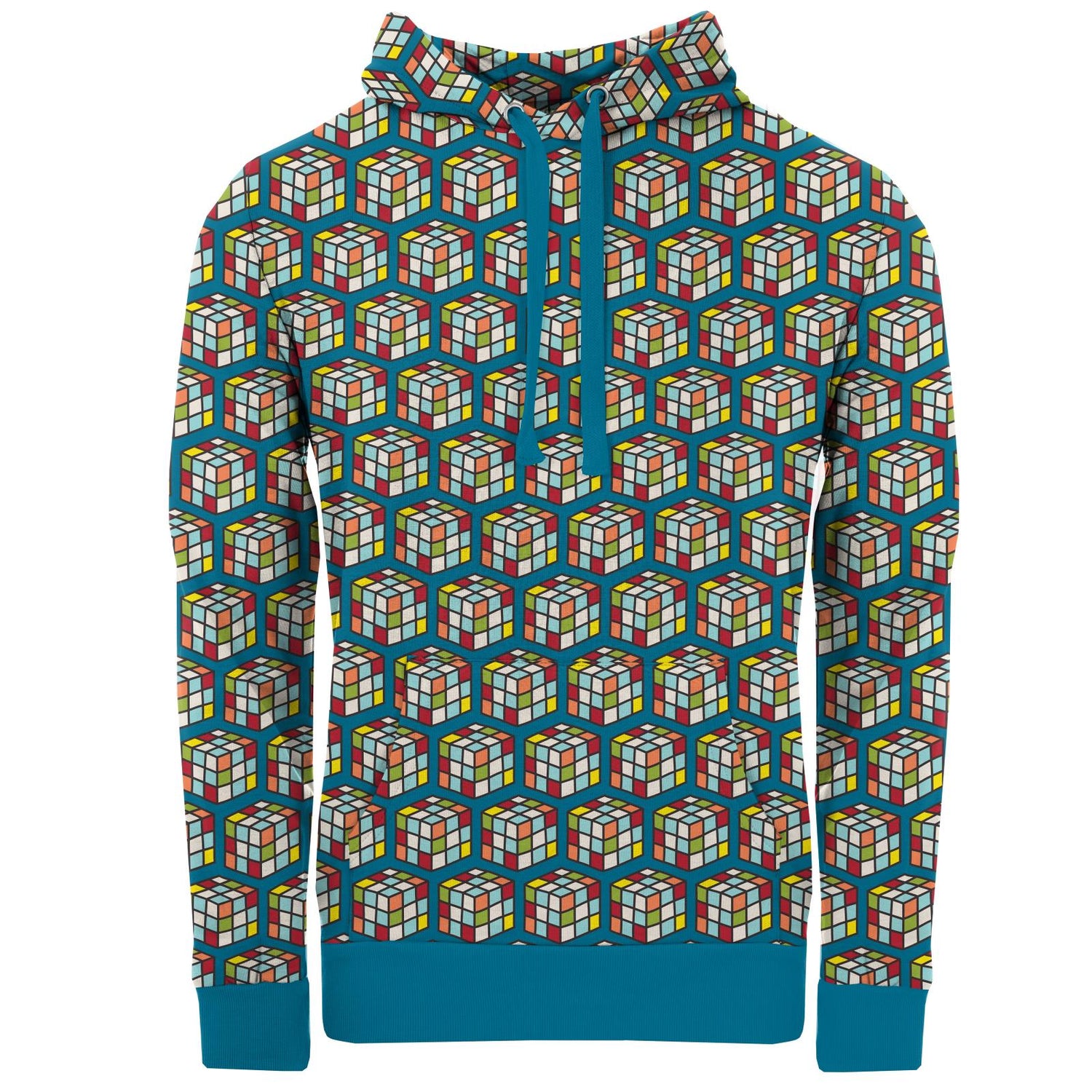 Men's Print Fleece Kangaroo Pocket Pullover in Cerulean Blue Puzzle Cube