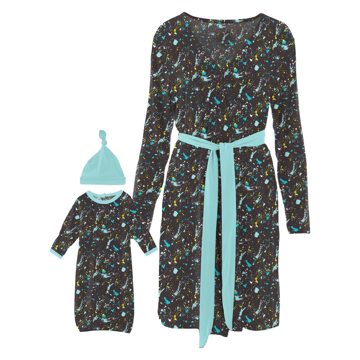 Women's Print Mid Length Lounge Robe & Layette Gown Set in Confetti Splatter Paint