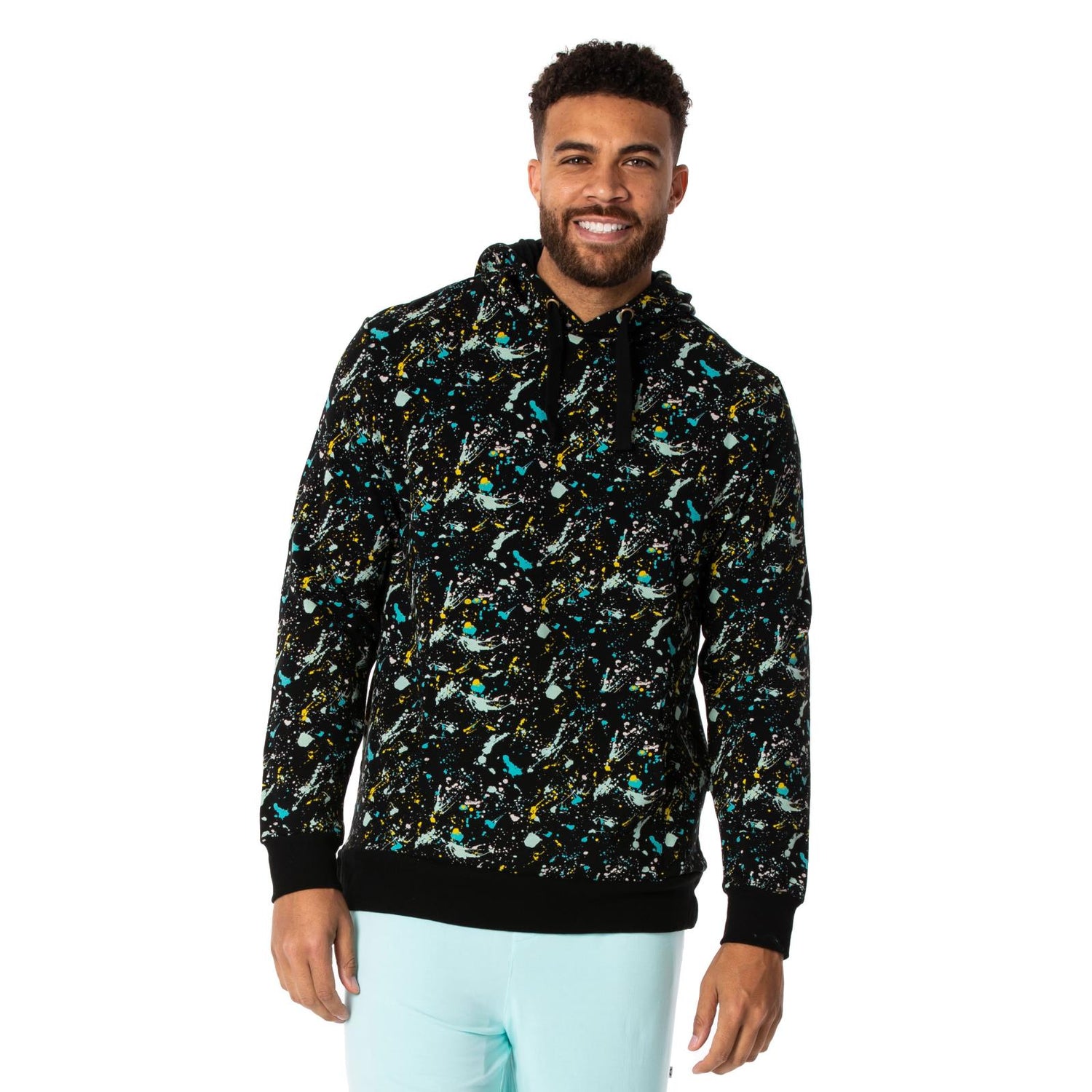 Men's Print Fleece Kangaroo Pocket Pullover in Confetti Splatter Paint