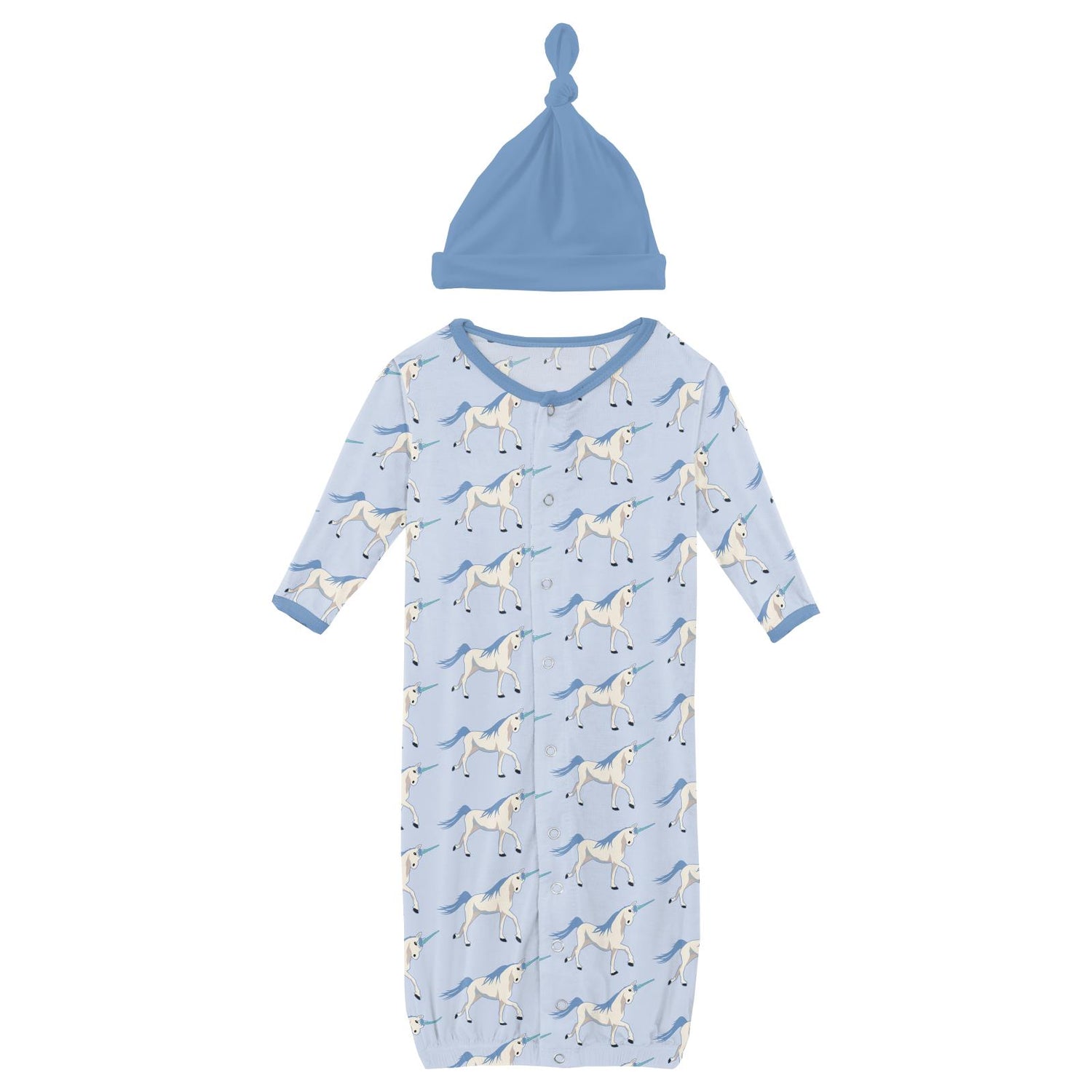 Print Layette Gown Converter & Single Knot Hat Set in Dew Prancing Unicorn