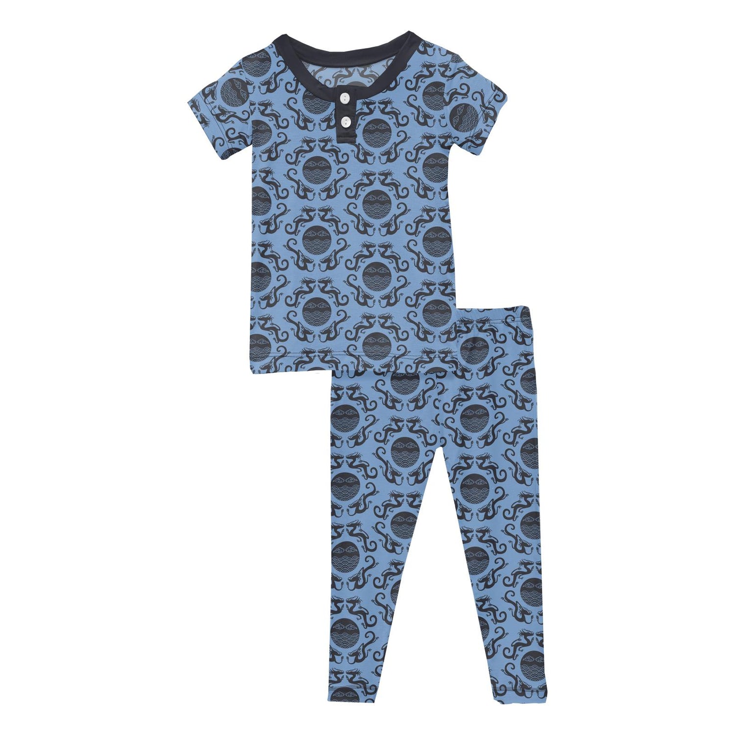 Print Short Sleeve Henley Pajama Set in Dream Blue Four Dragons