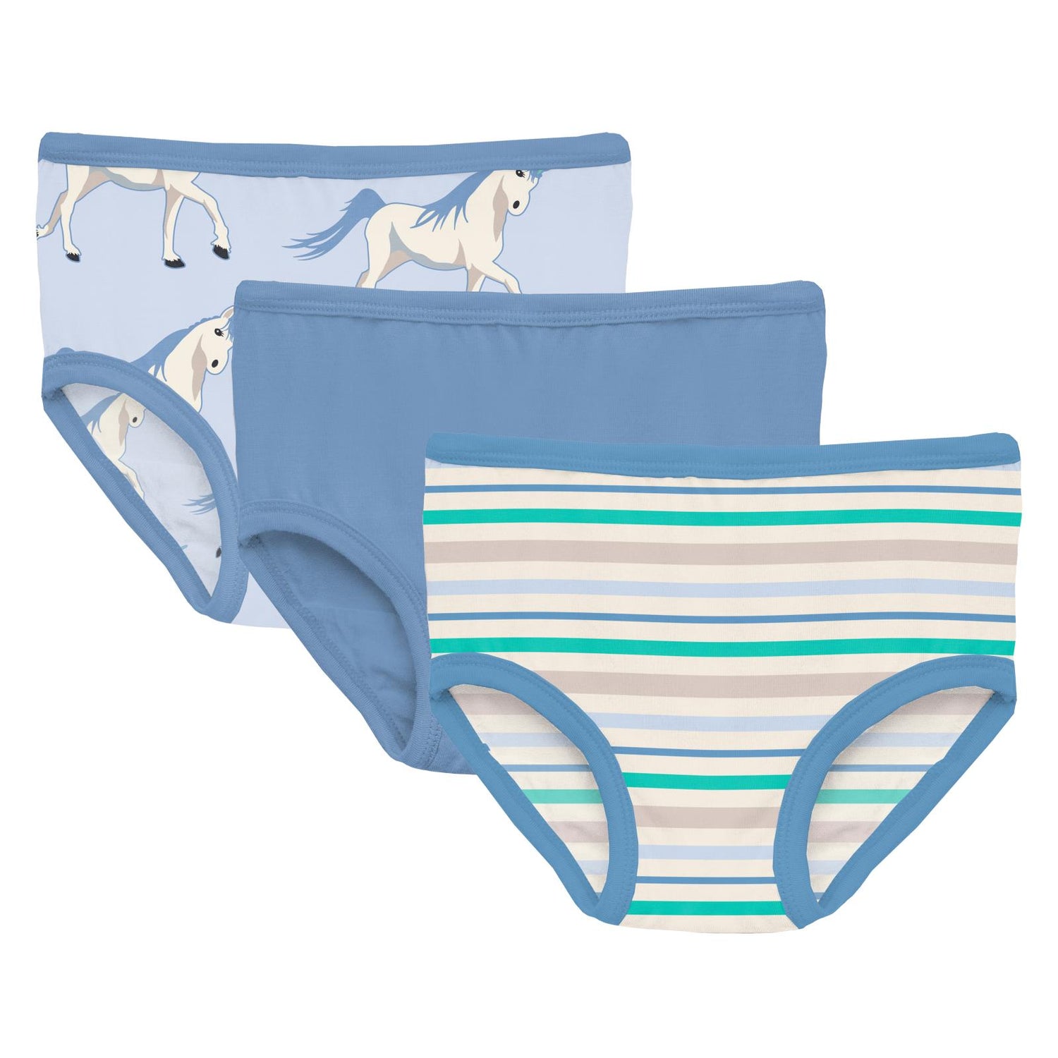 Print Girl's Underwear Set of 3 in Dew Prancing Unicorn, Dream Blue & Mythical Stripe