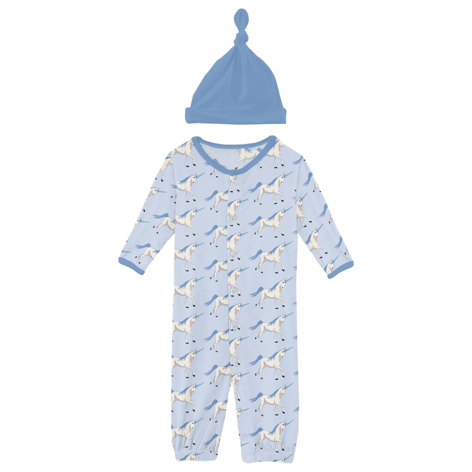Print Layette Gown Converter & Single Knot Hat Set in Dew Prancing Unicorn