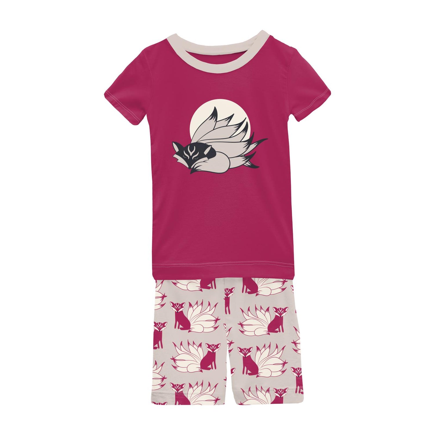 Short Sleeve Graphic Tee Pajama Set with Shorts in Latte Kitsune