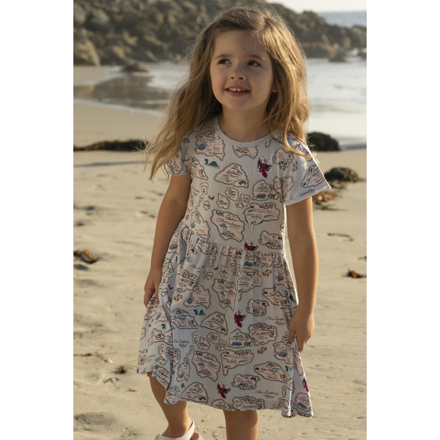Print Flutter Sleeve Twirl Dress with Pockets in Dew Pirate Map