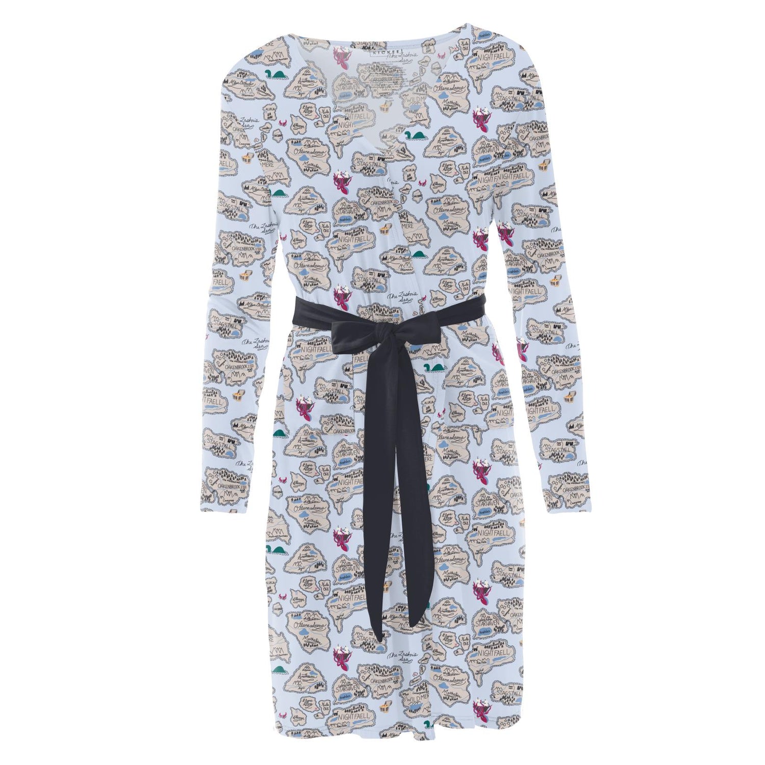 Women's Print Mid Length Lounge Robe in Dew Pirate Map