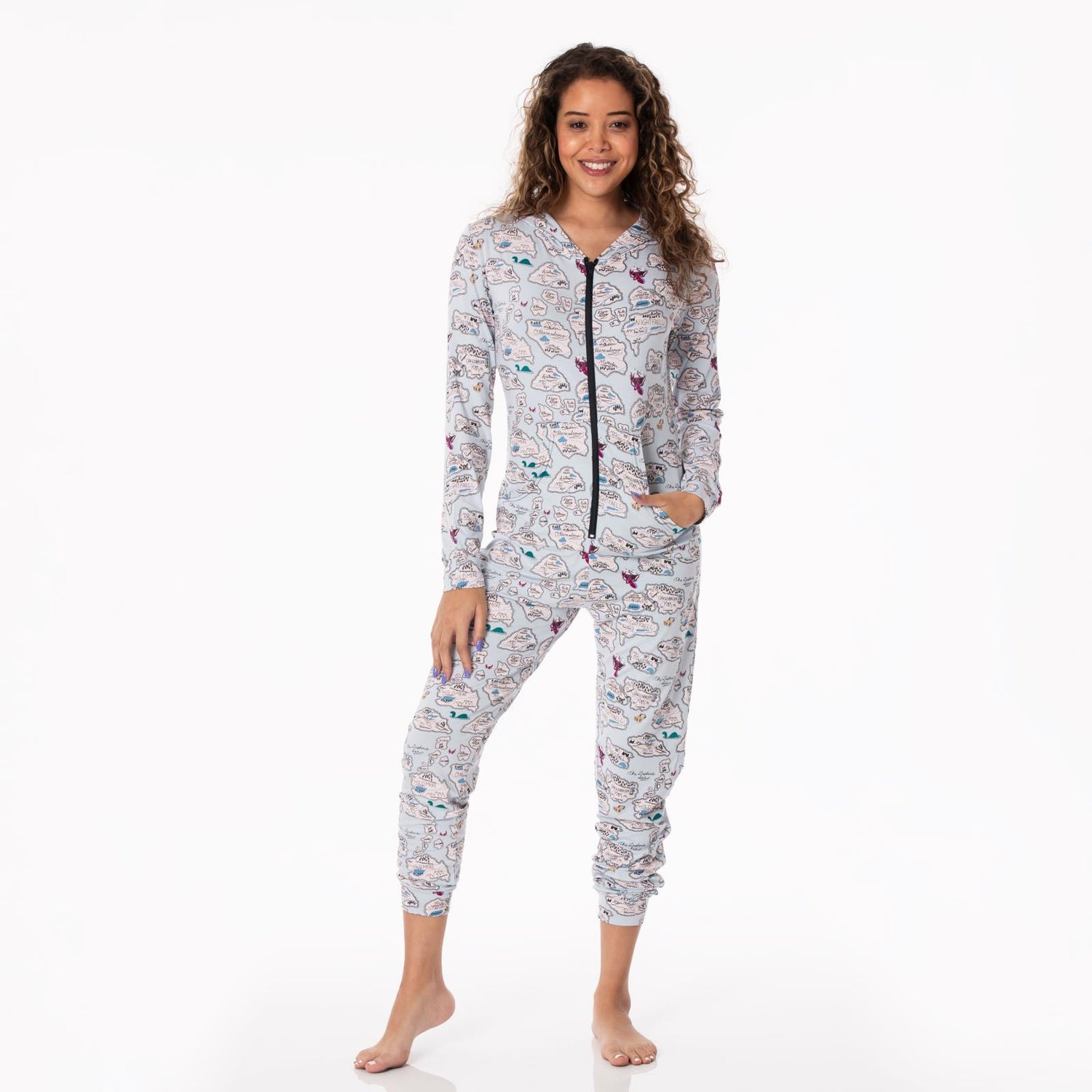 Women's Print Long Sleeve Jumpsuit with Hood in Dew Pirate Map