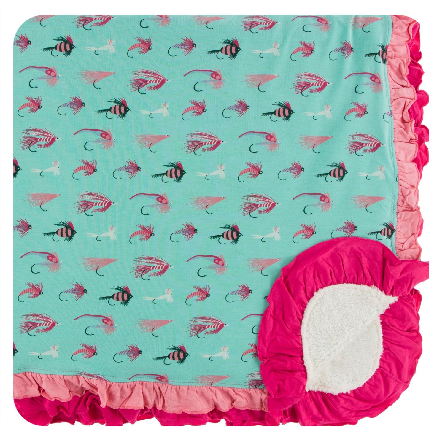 Print Sherpa-Lined Double Ruffle Toddler Blanket in Glass Fishing Flies