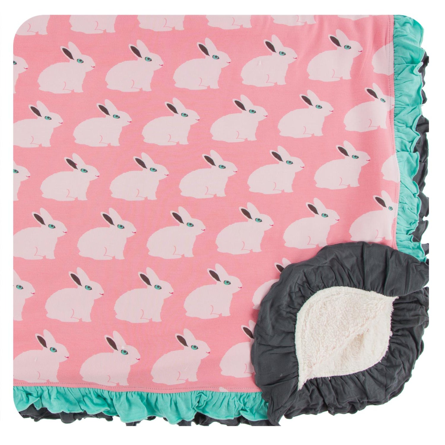 Print Sherpa-Lined Double Ruffle Toddler Blanket in Strawberry Forest Rabbit
