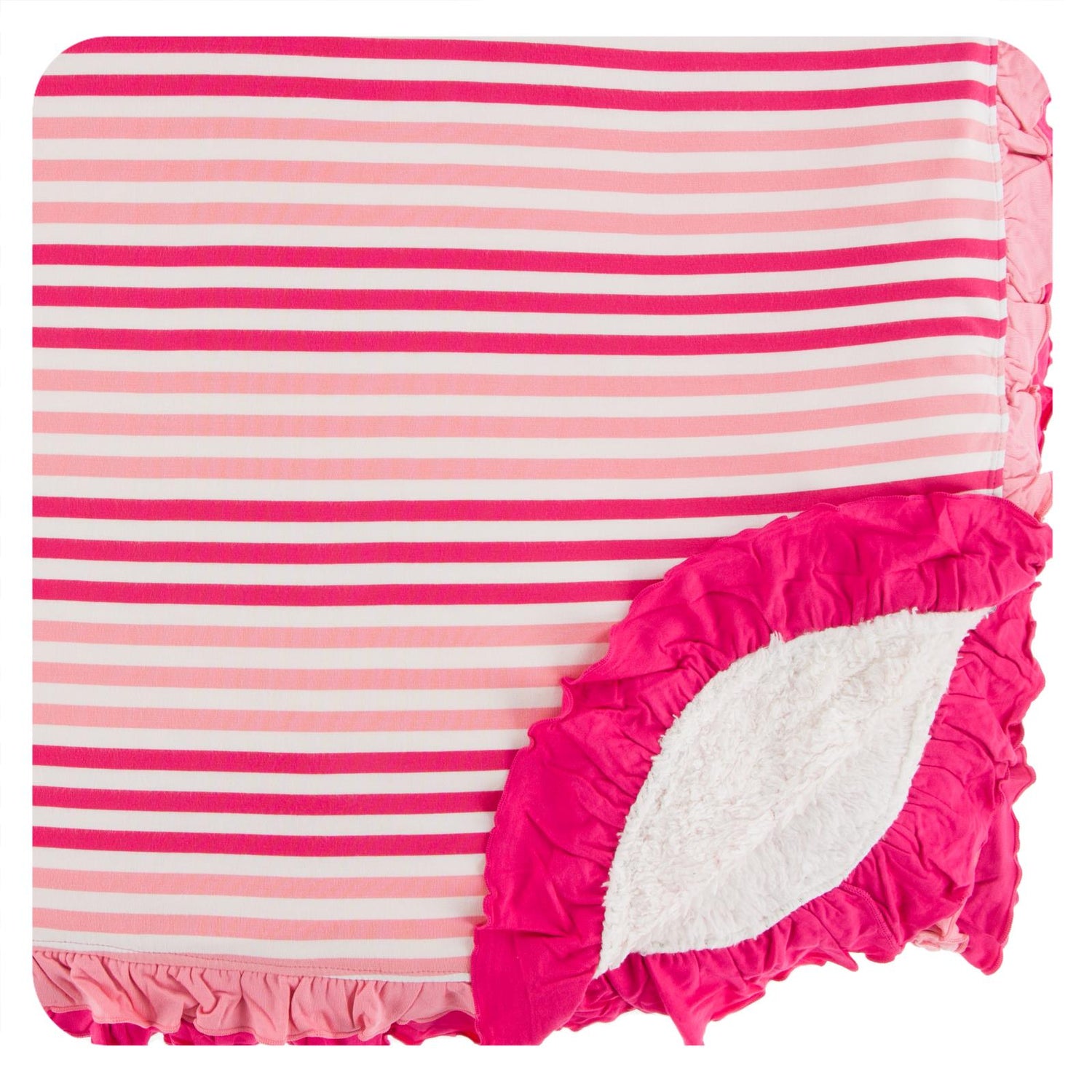 Print Sherpa-Lined Double Ruffle Throw Blanket in Forest Fruit Stripe