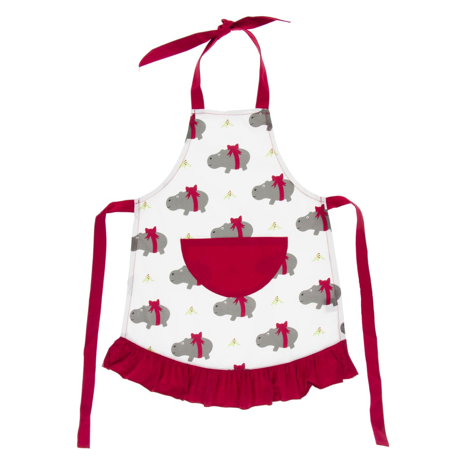 Print Ruffle Apron in Natural Christmas Hippo