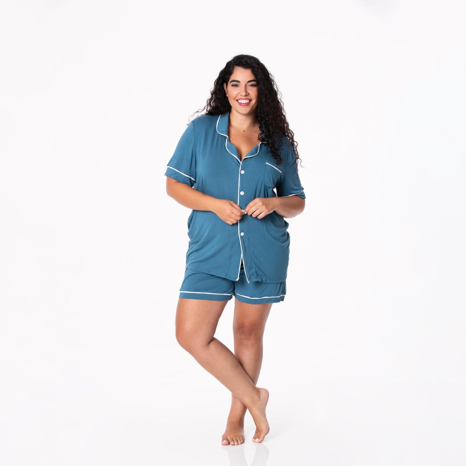 Women's Solid Short Sleeve Collared Pajama Set with Shorts in Deep Sea with Natural