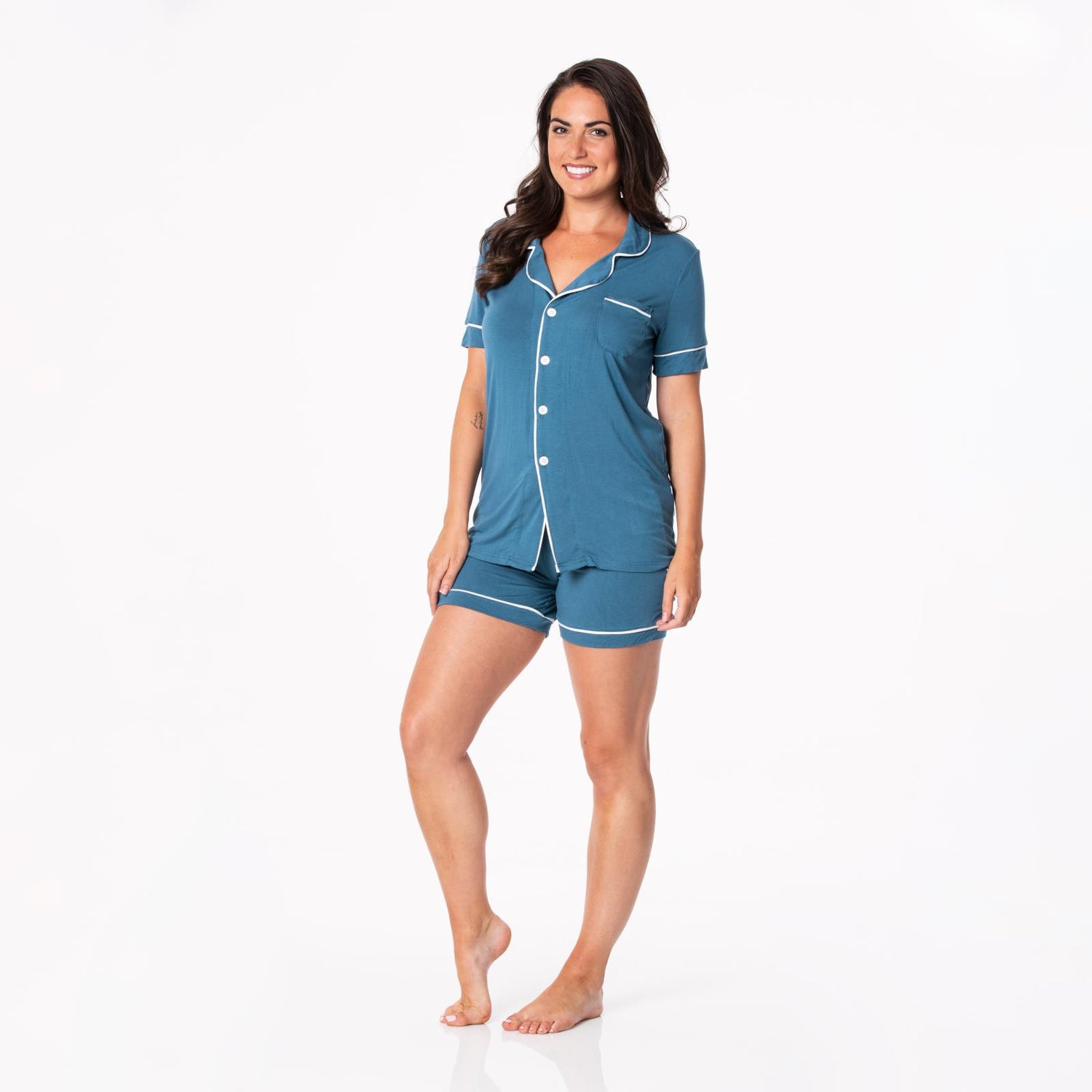 Women's Solid Short Sleeve Collared Pajama Set with Shorts in Deep Sea with Natural