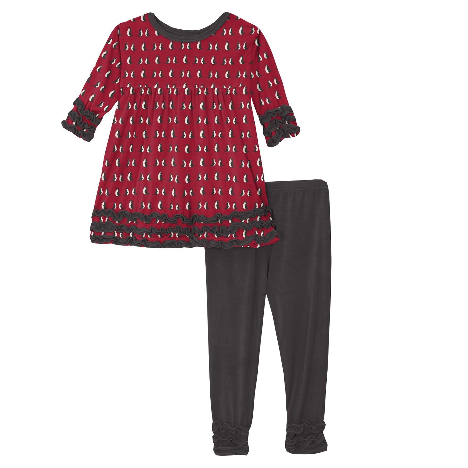 Print Long Sleeve Babydoll Outfit Set in Crimson Penguins
