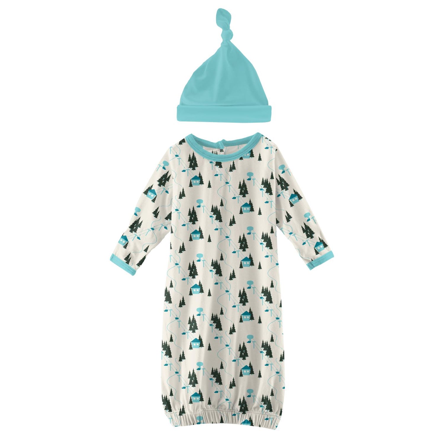 Print Layette Gown & Single Knot Hat Set in Natural Chairlift