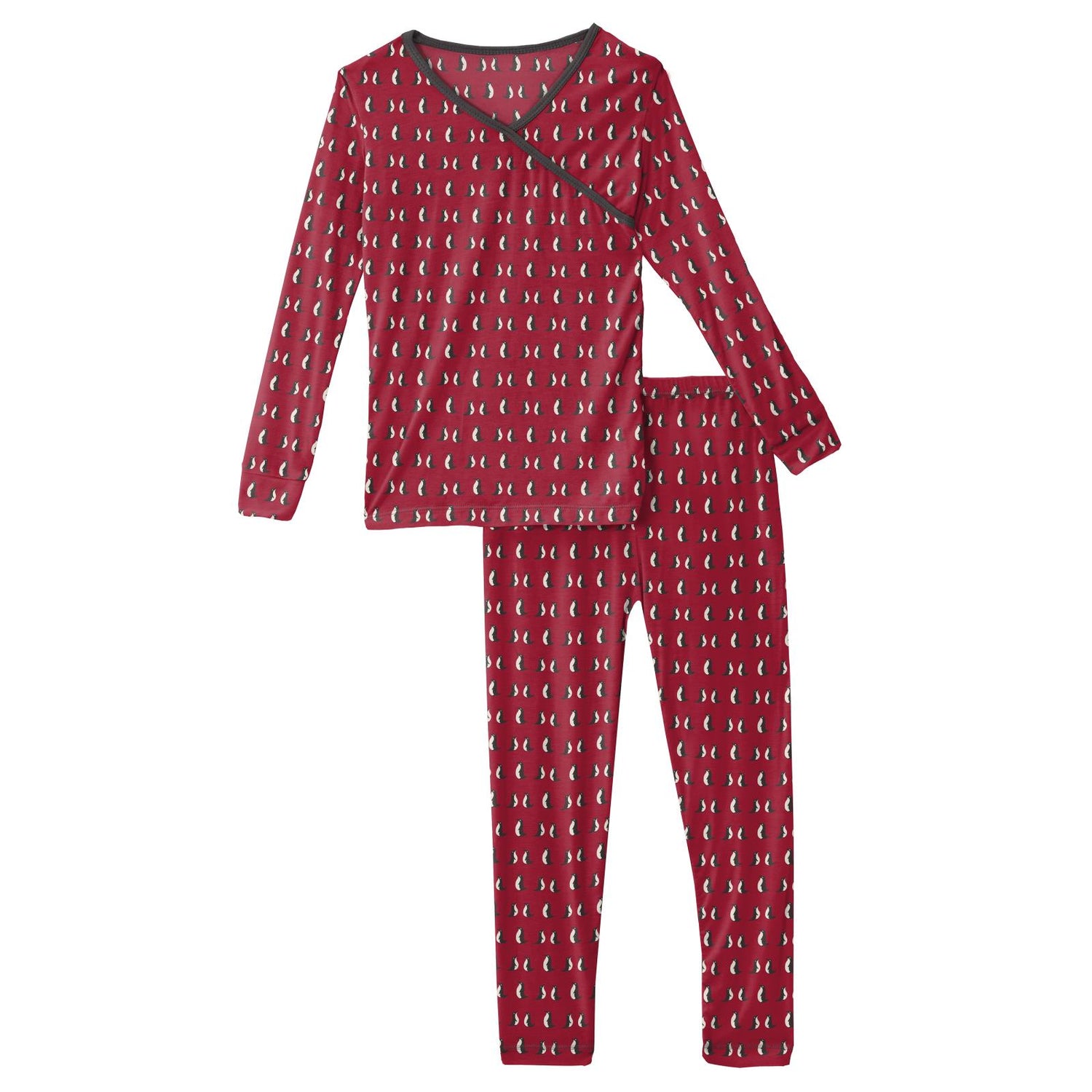 Print Long Sleeve Kimono Pajama Set in Crimson Penguins