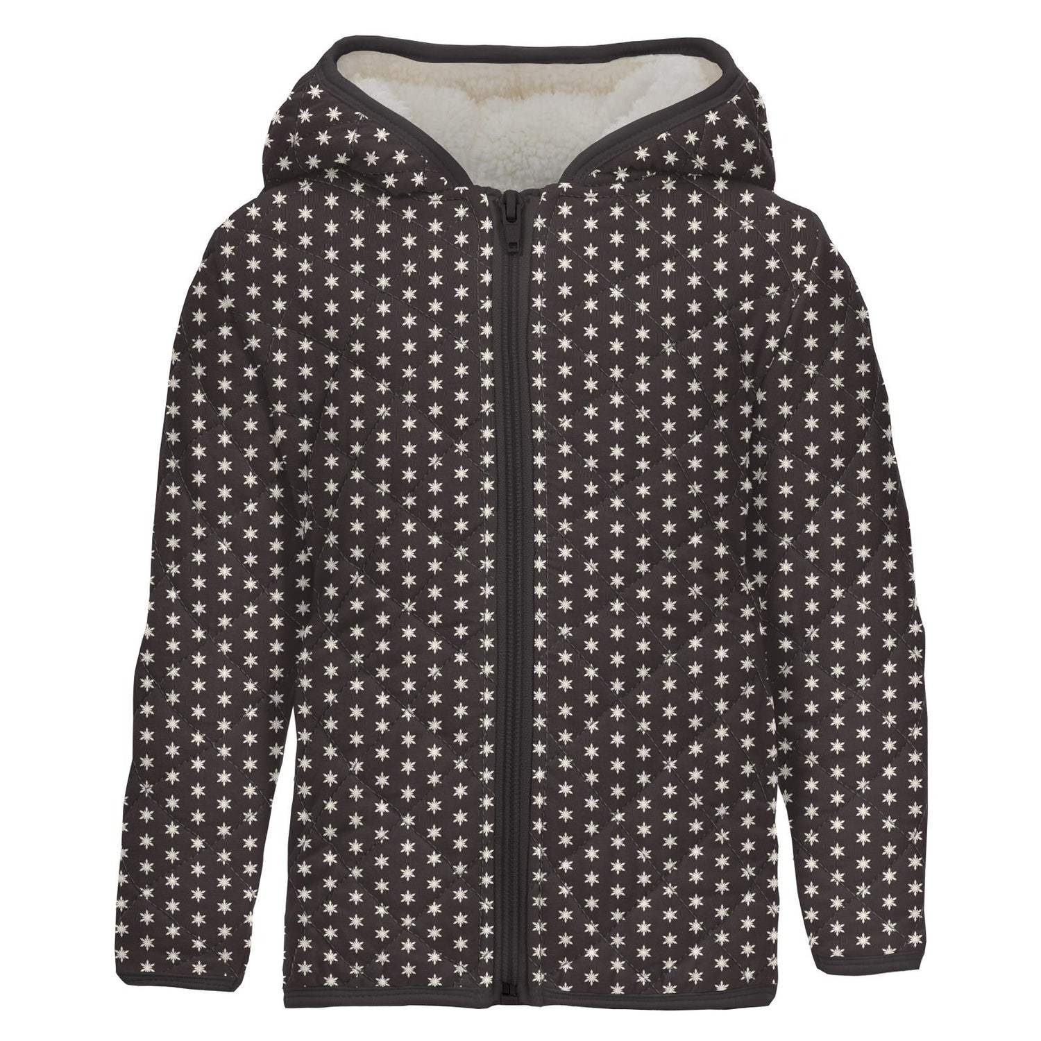 Print Quilted Jacket with Sherpa-Lined Hood in Midnight Tiny Snowflakes/Twilight Skis