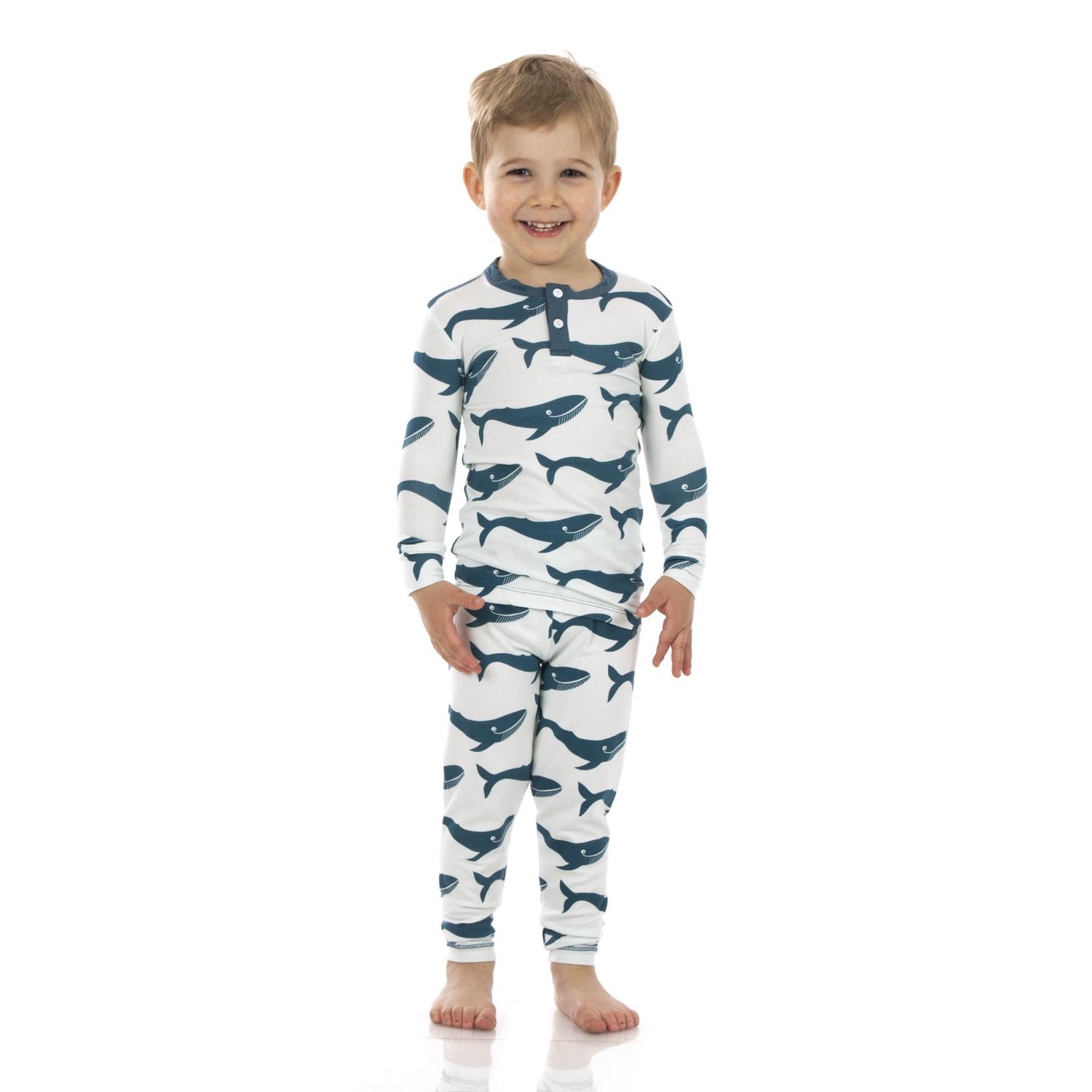 Print Long Sleeve Henley Pajama Set in Fresh Air Blue Whales