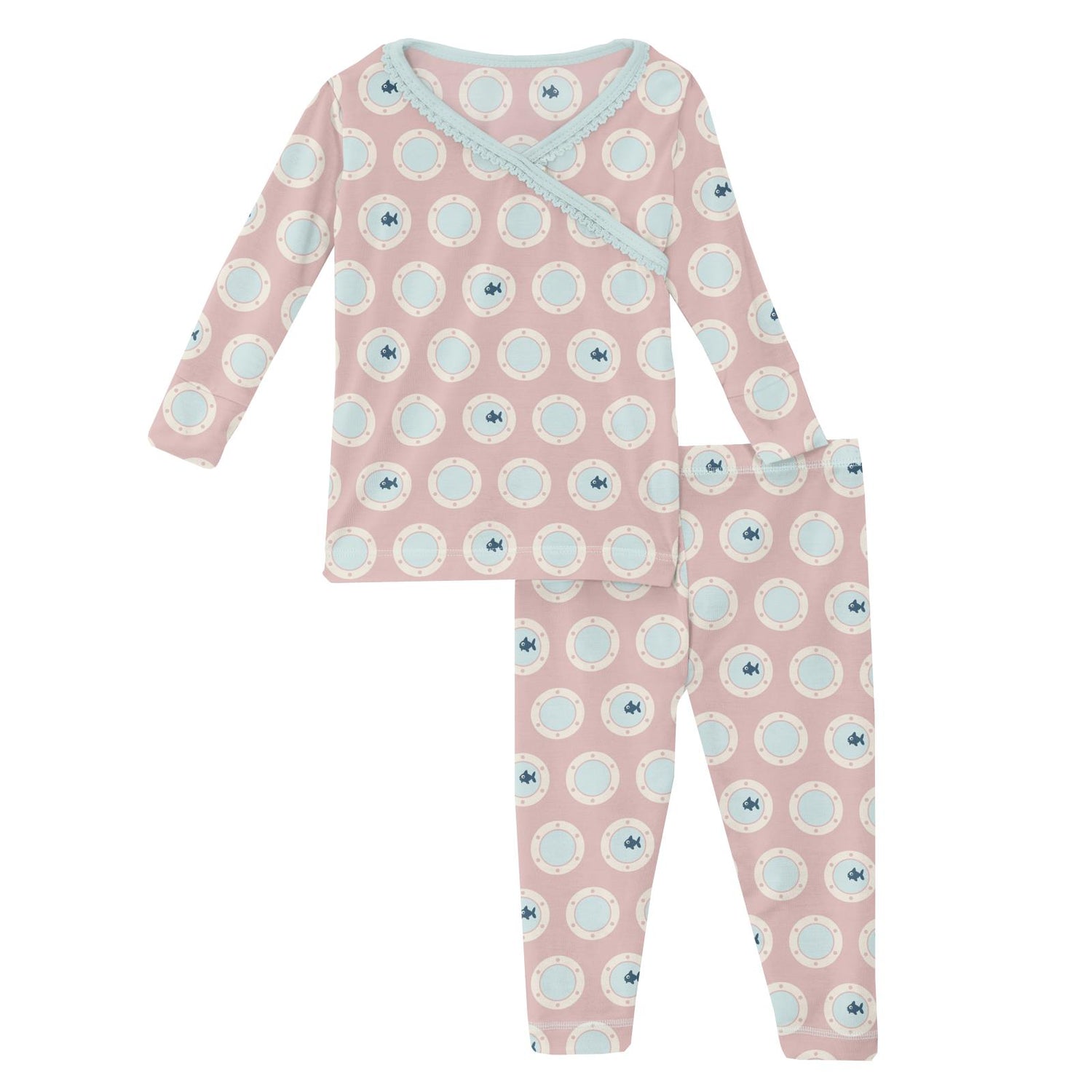 Print Long Sleeve Scallop Kimono Pajama Set in Baby Rose Porthole