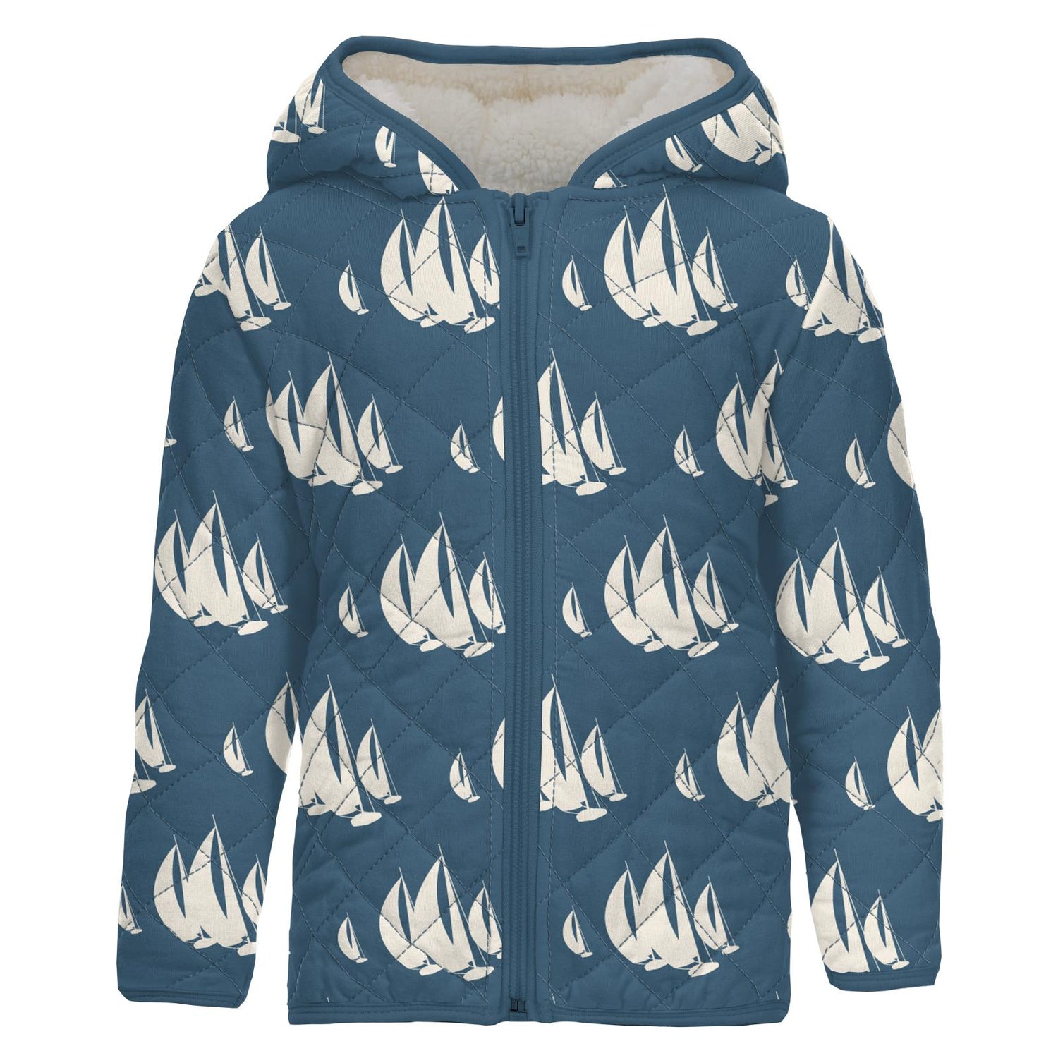 Print Quilted Jacket with Sherpa-Lined Hood in Deep Sea Sailboat Race/Nautical Stripe