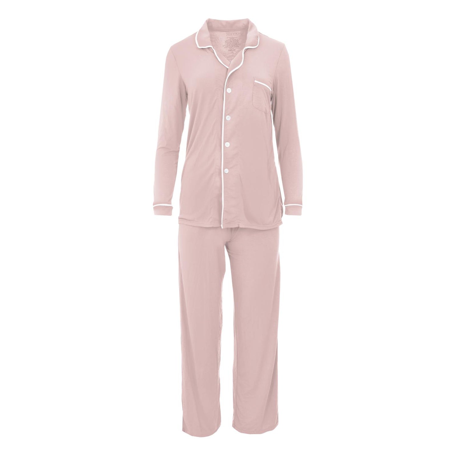 Women's Long Sleeved Collared Pajama Set in Baby Rose with Natural