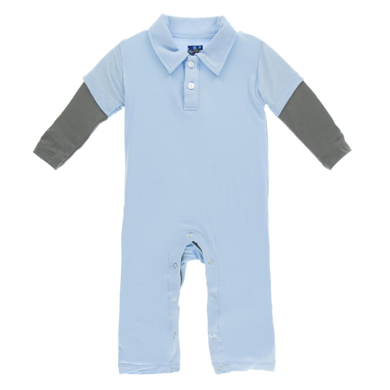 Long Sleeve Double Layer Polo Romper in Pond with Cobblestone