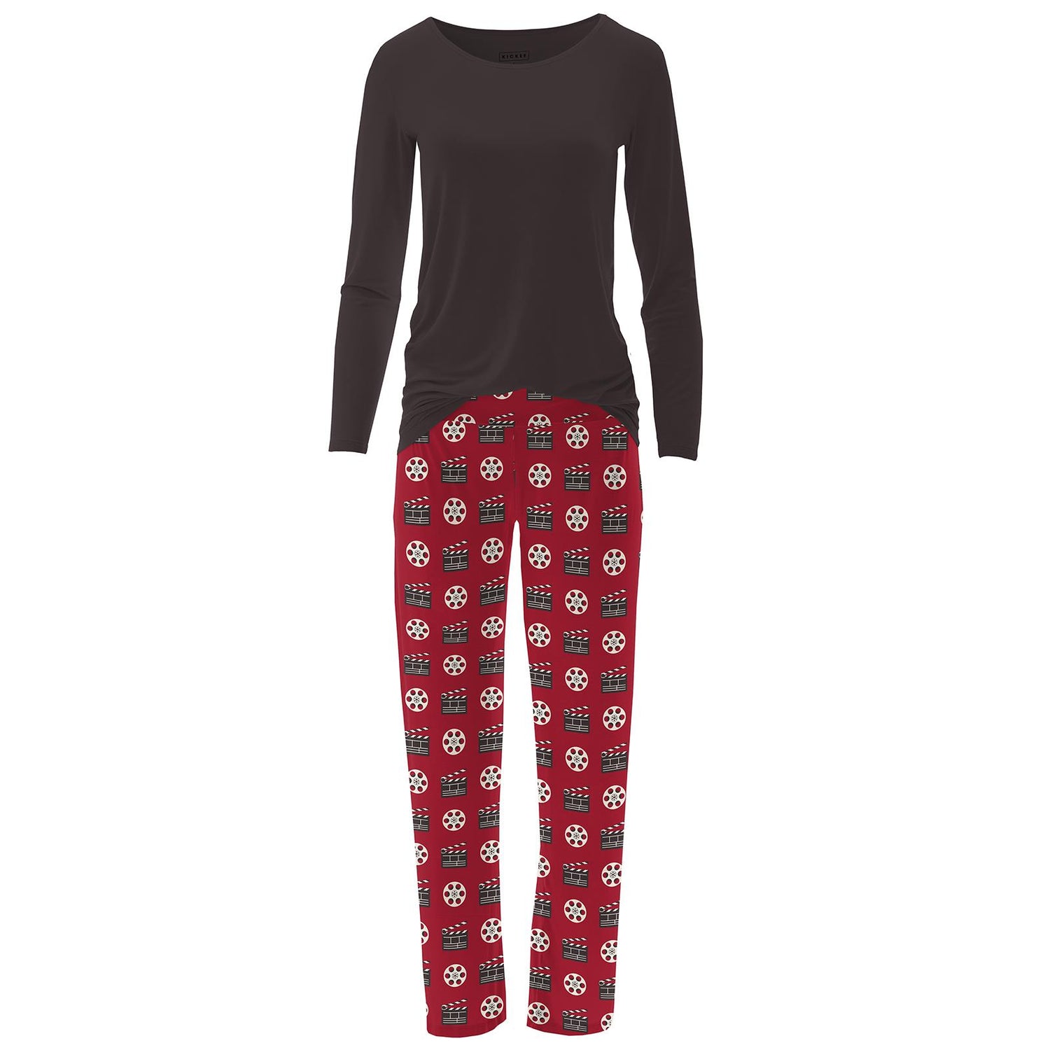 Women's Long Sleeve Loosey Goosey Tee & Pajama Pants Set in Candy Apple Clapper Board and Film
