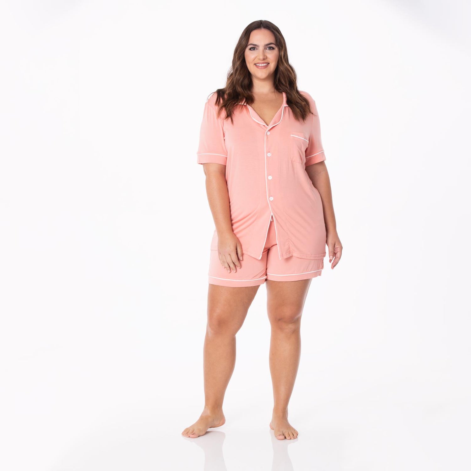 Women's Short Sleeve Collared Pajama Set with Shorts in Blush with Natural