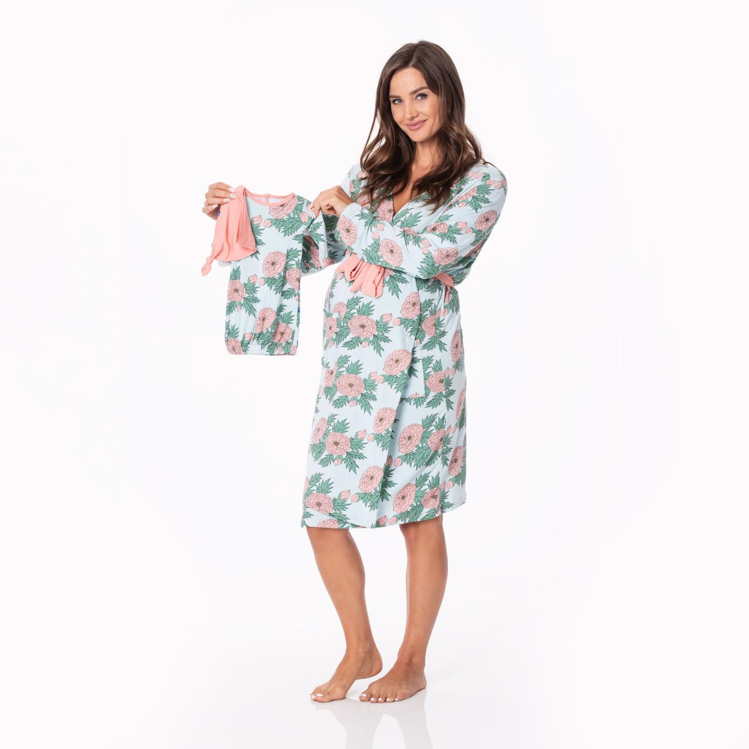 Women's Mid Length Lounge Robe & Layette Gown Set in Spring Sky Floral