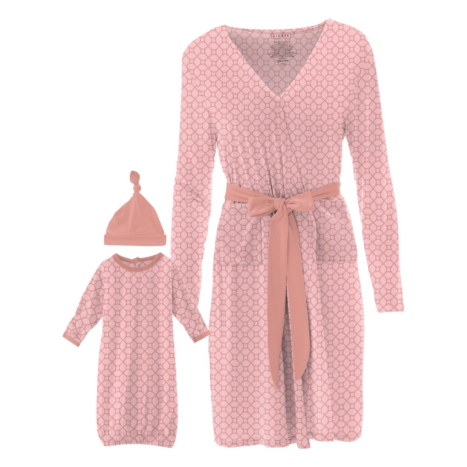 Women's Mid Length Lounge Robe & Layette Gown Set in Blush Spring Lattice