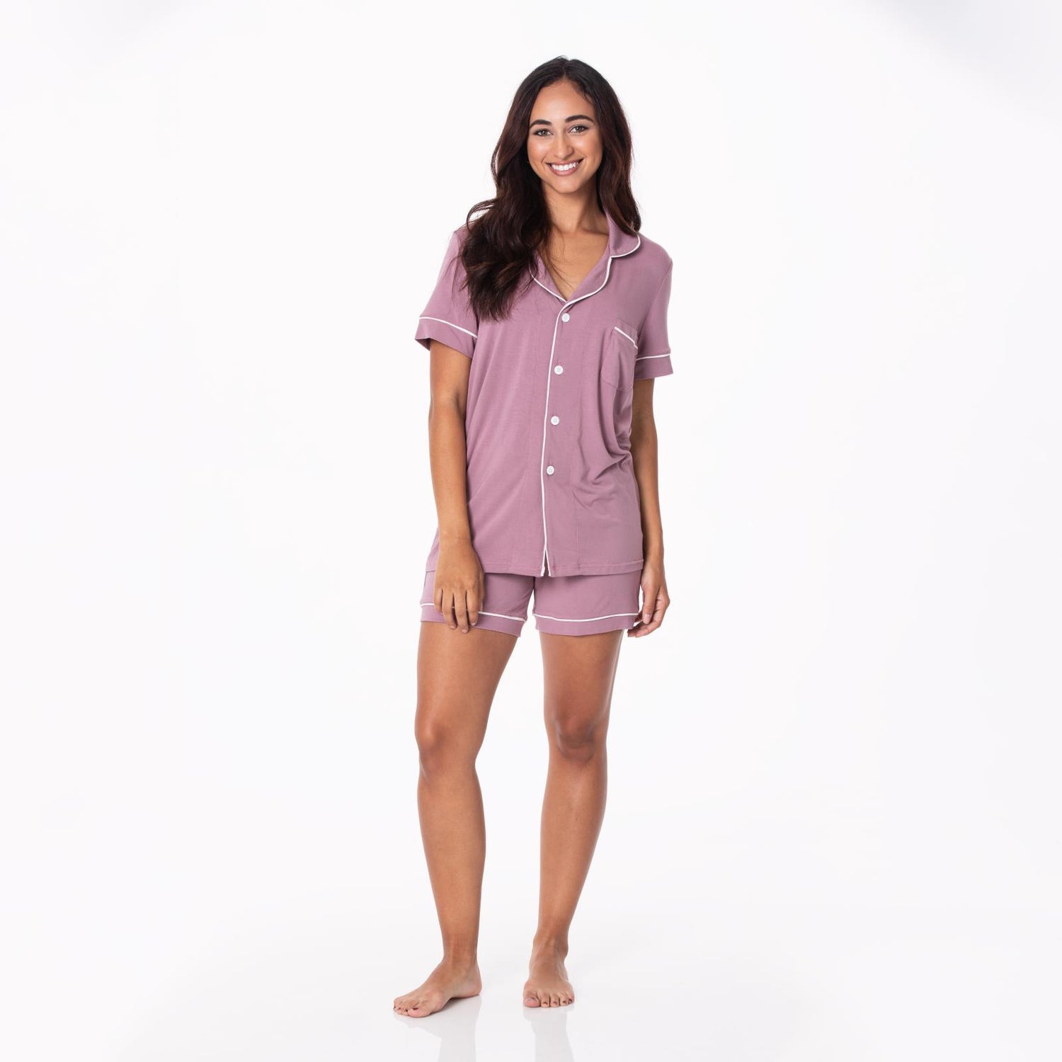 Women's Short Sleeve Collared Pajama Set with Shorts in Elderberry with Natural