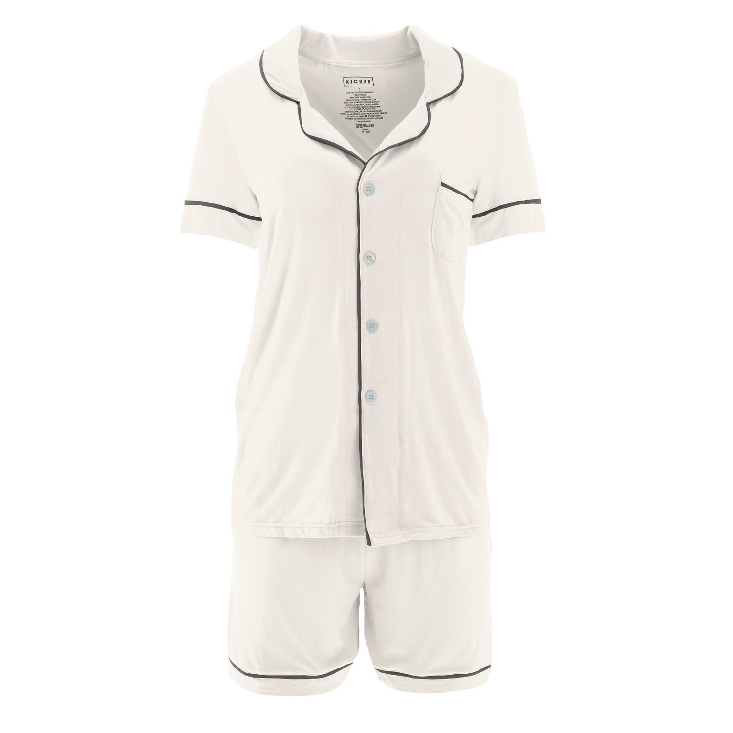 Women's Short Sleeve Collared Pajama Set with Shorts in Natural with Midnight