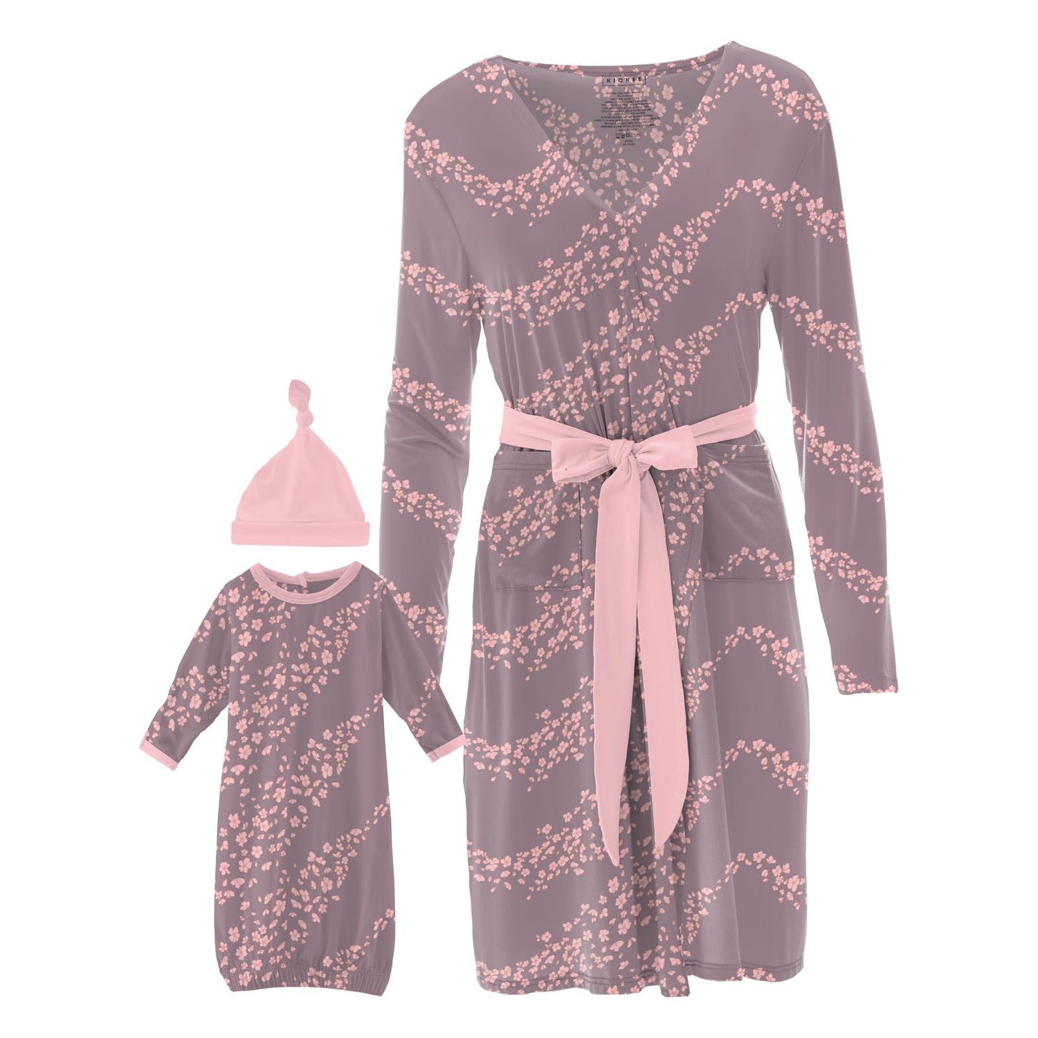 Women's Mid Length Lounge Robe & Layette Gown Set in Elderberry Sakura Wind