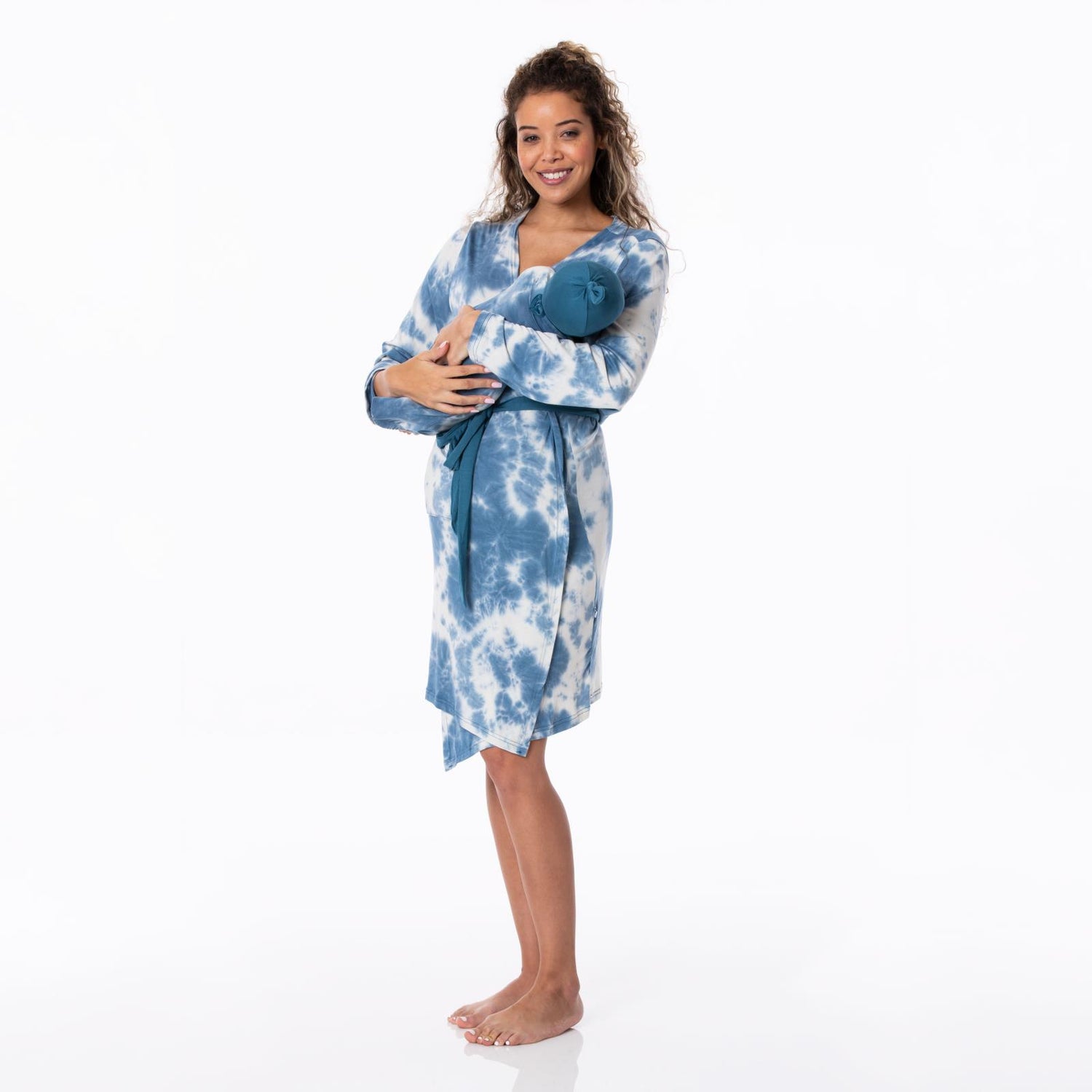 Women's Print Mid Length Lounge Robe & Layette Gown Set in Deep Sea Tie Dye