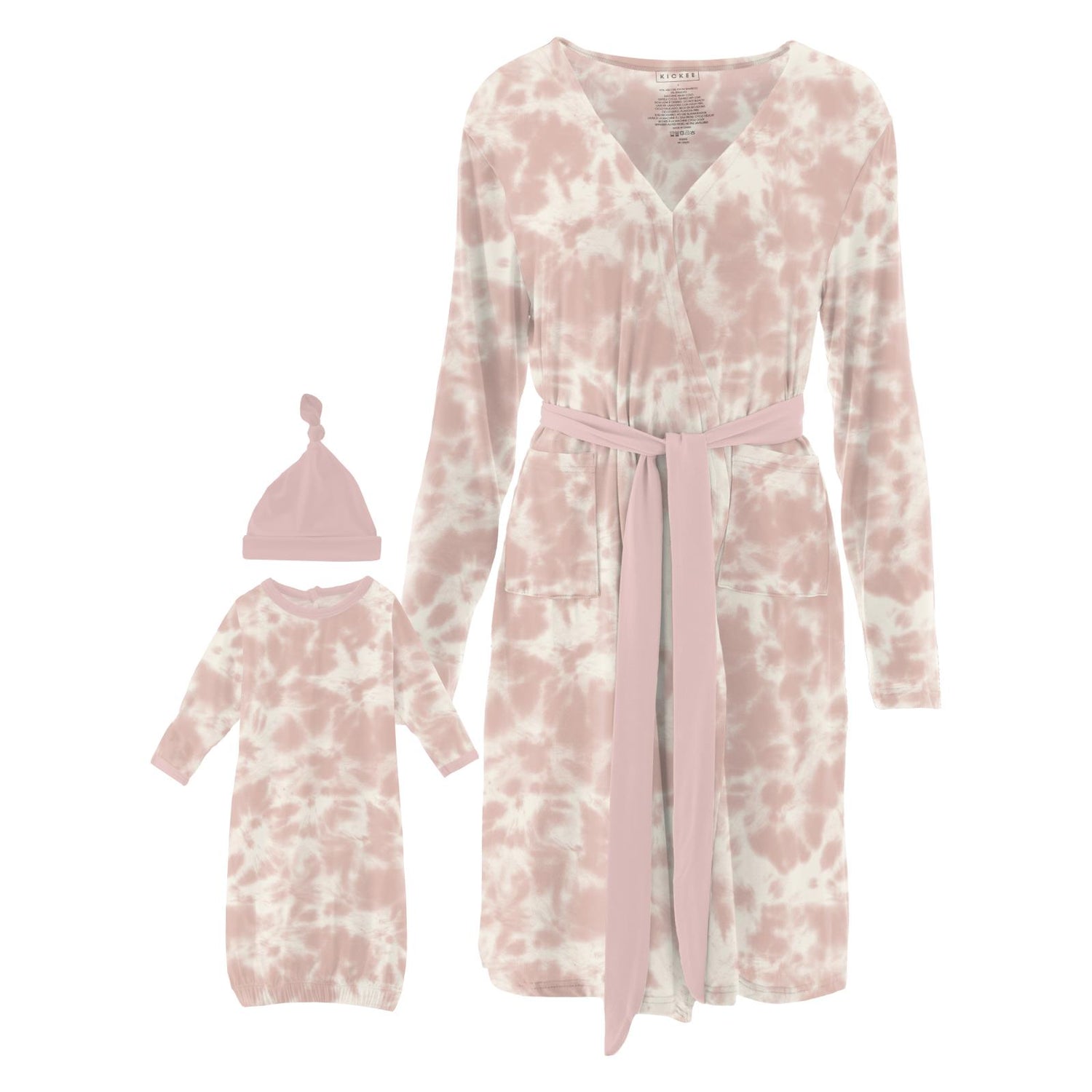 Women's Print Mid Length Lounge Robe & Layette Gown Set in Baby Rose Tie Dye