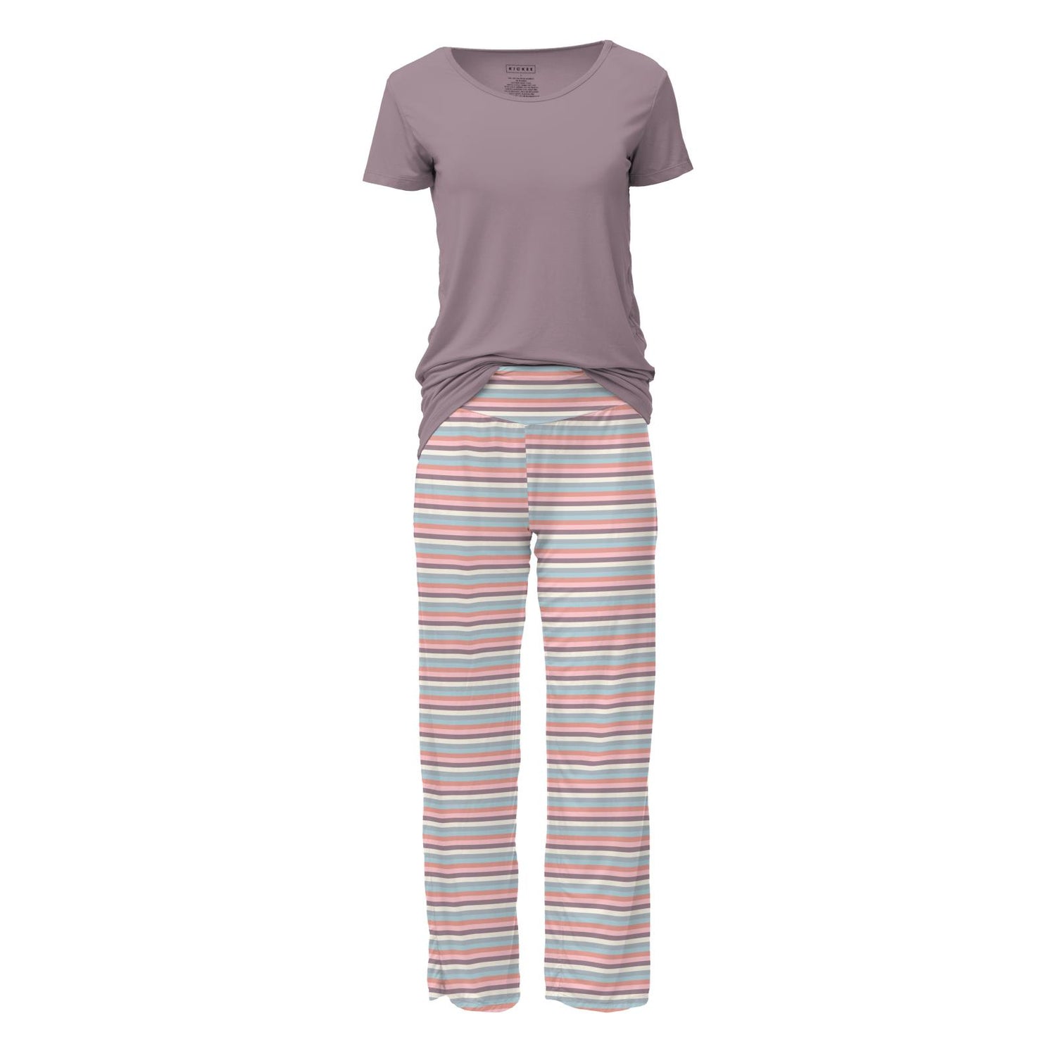 Women's Print Short Sleeve Relaxed Tee & Pajama Pants Set in Spring Bloom Stripe