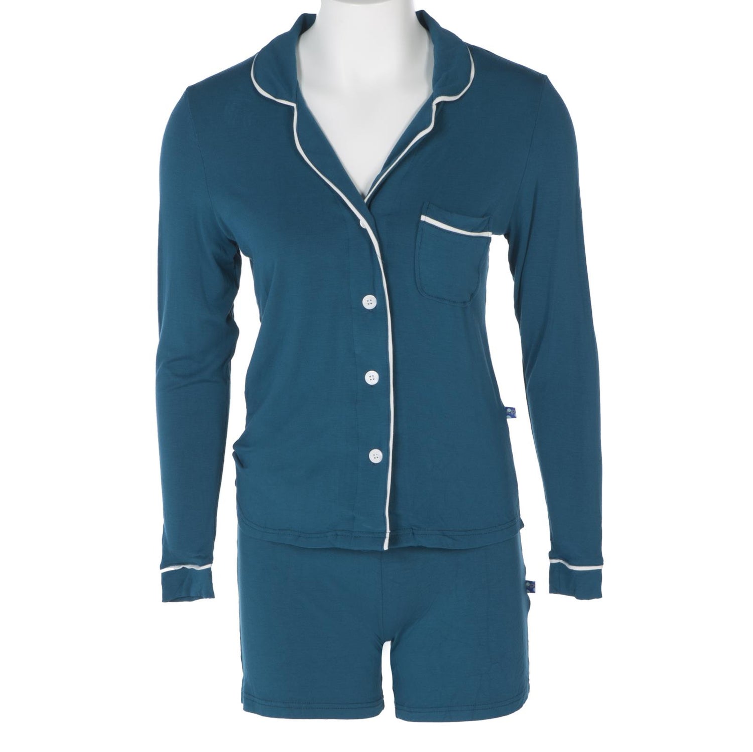 Women's Collared Pajama Set with Shorts in Heritage Blue with Natural Trim