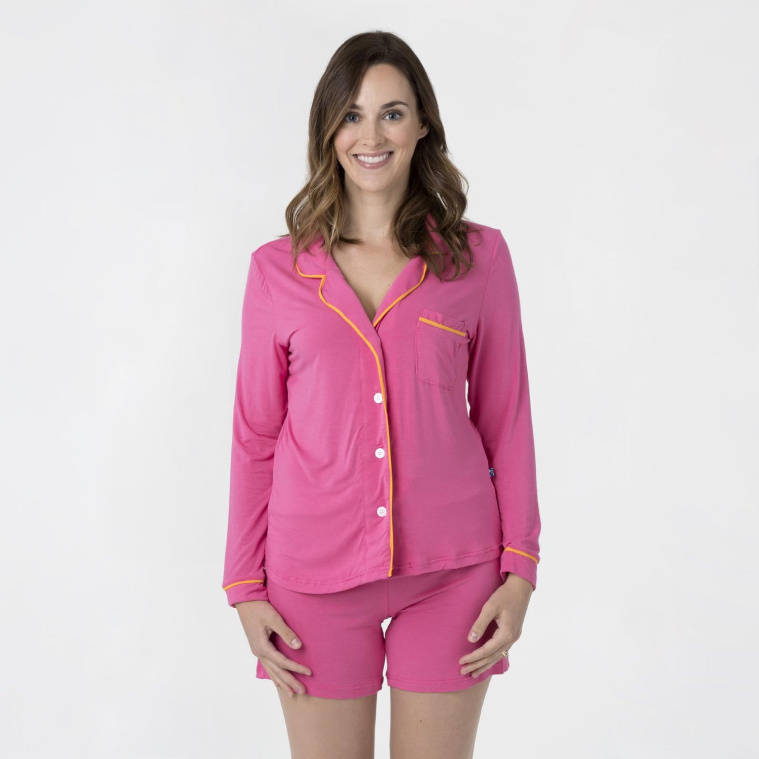 Women's Collared Pajama Set with Shorts in Flamingo with Tamarin Trim
