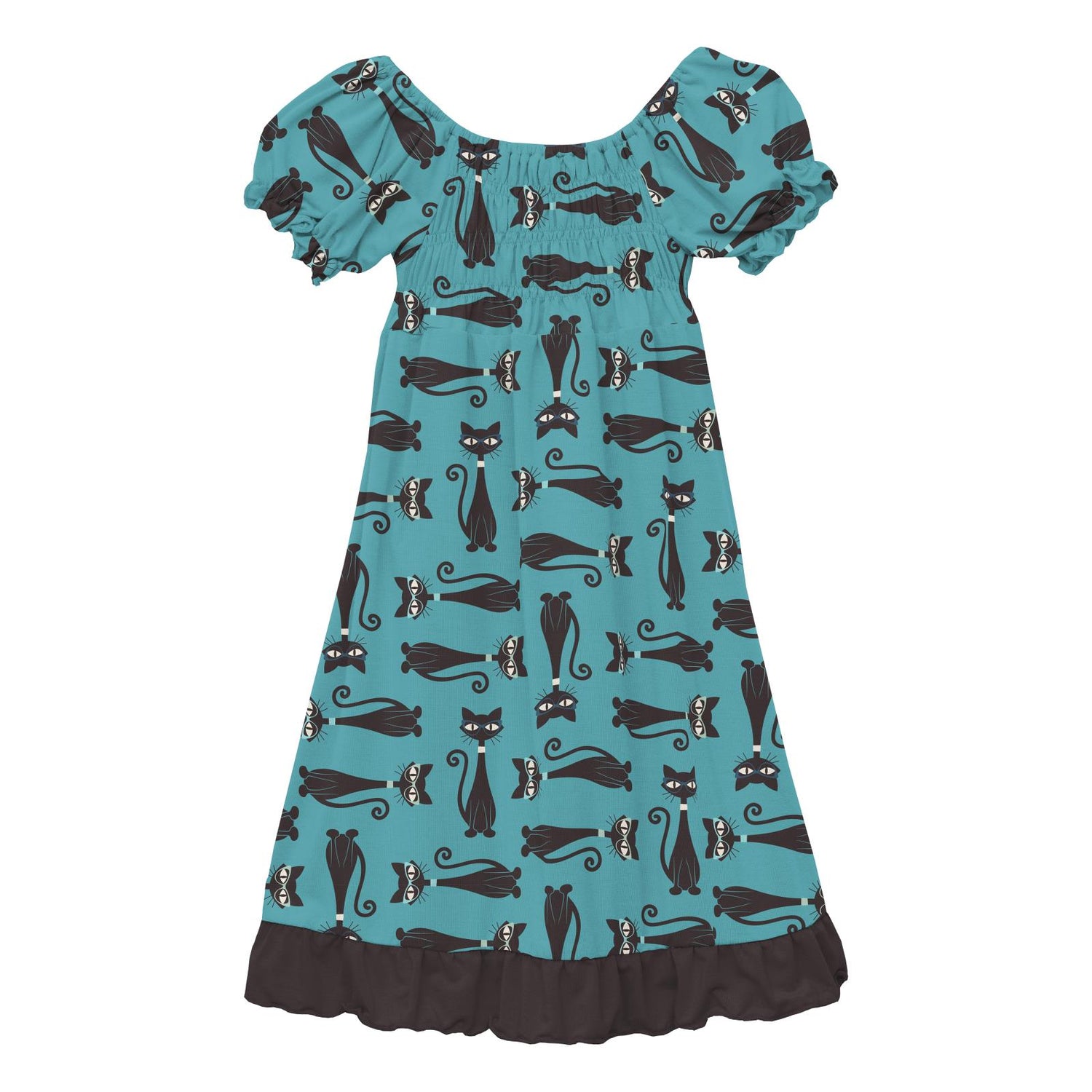 Print Short Sleeve Gathered Dress in Glacier Cool Cats