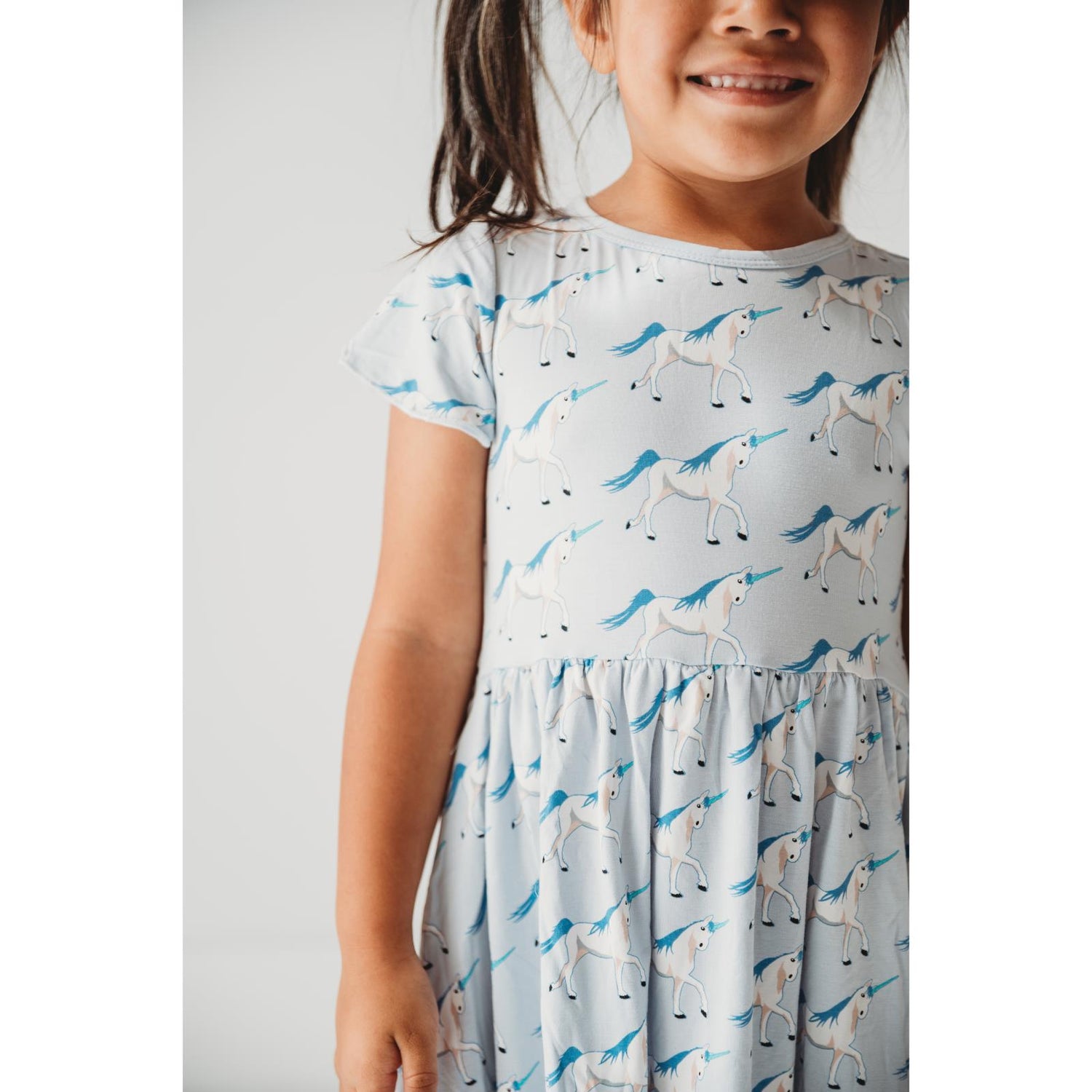 Print Flutter Sleeve Twirl Dress with Pockets in Dew Prancing Unicorn