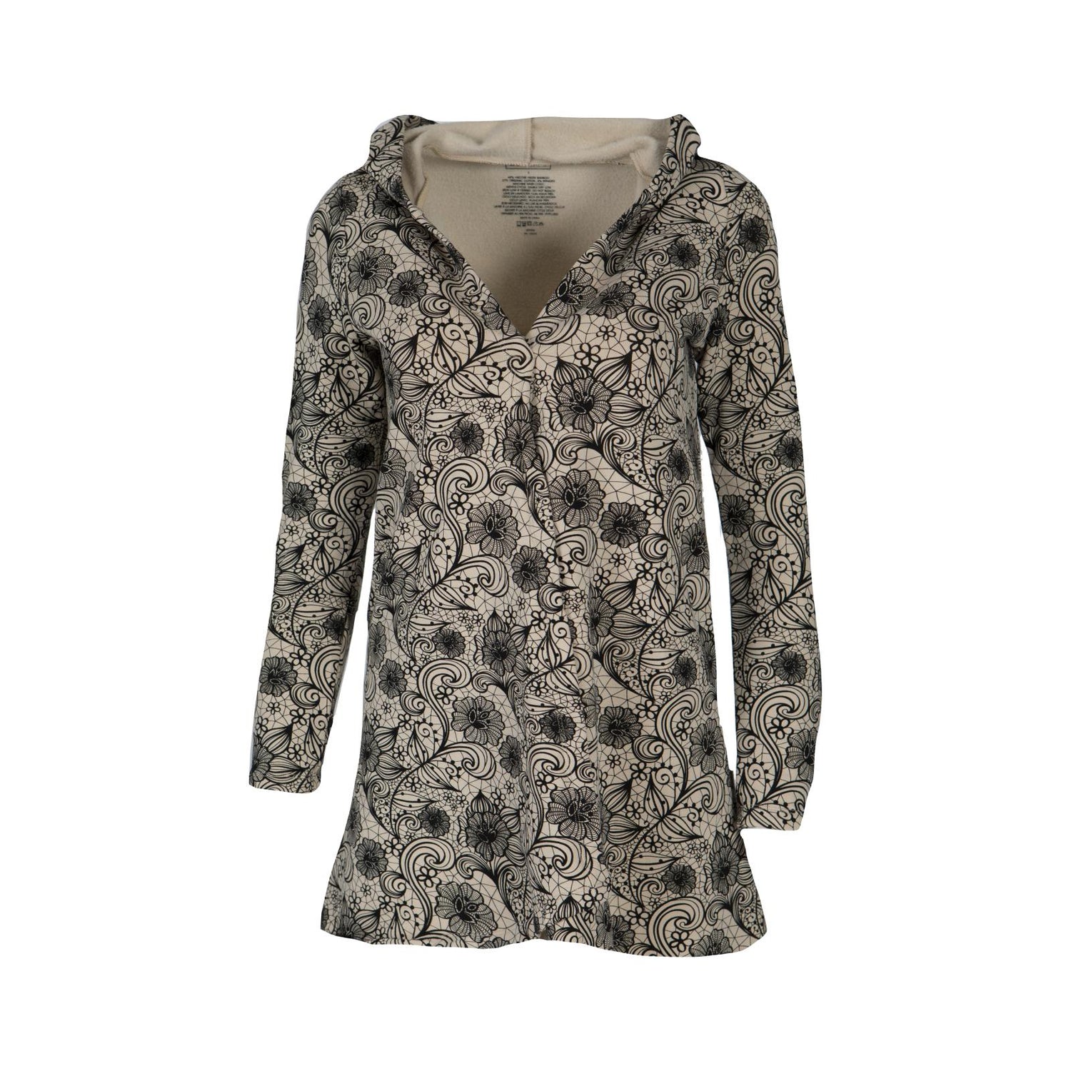 Women's Print Fleece Hooded Cardigan with Pockets in Burlap Lace