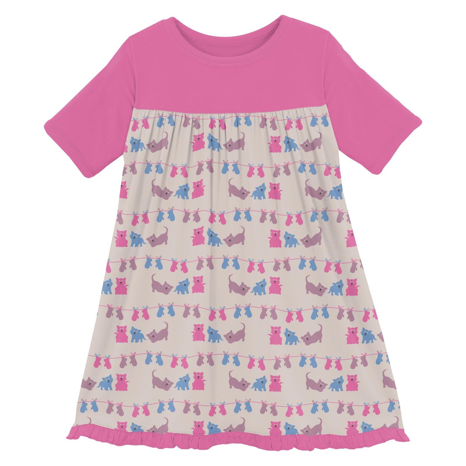 Print Classic Short Sleeve Swing Dress in Latte 3 Little Kittens